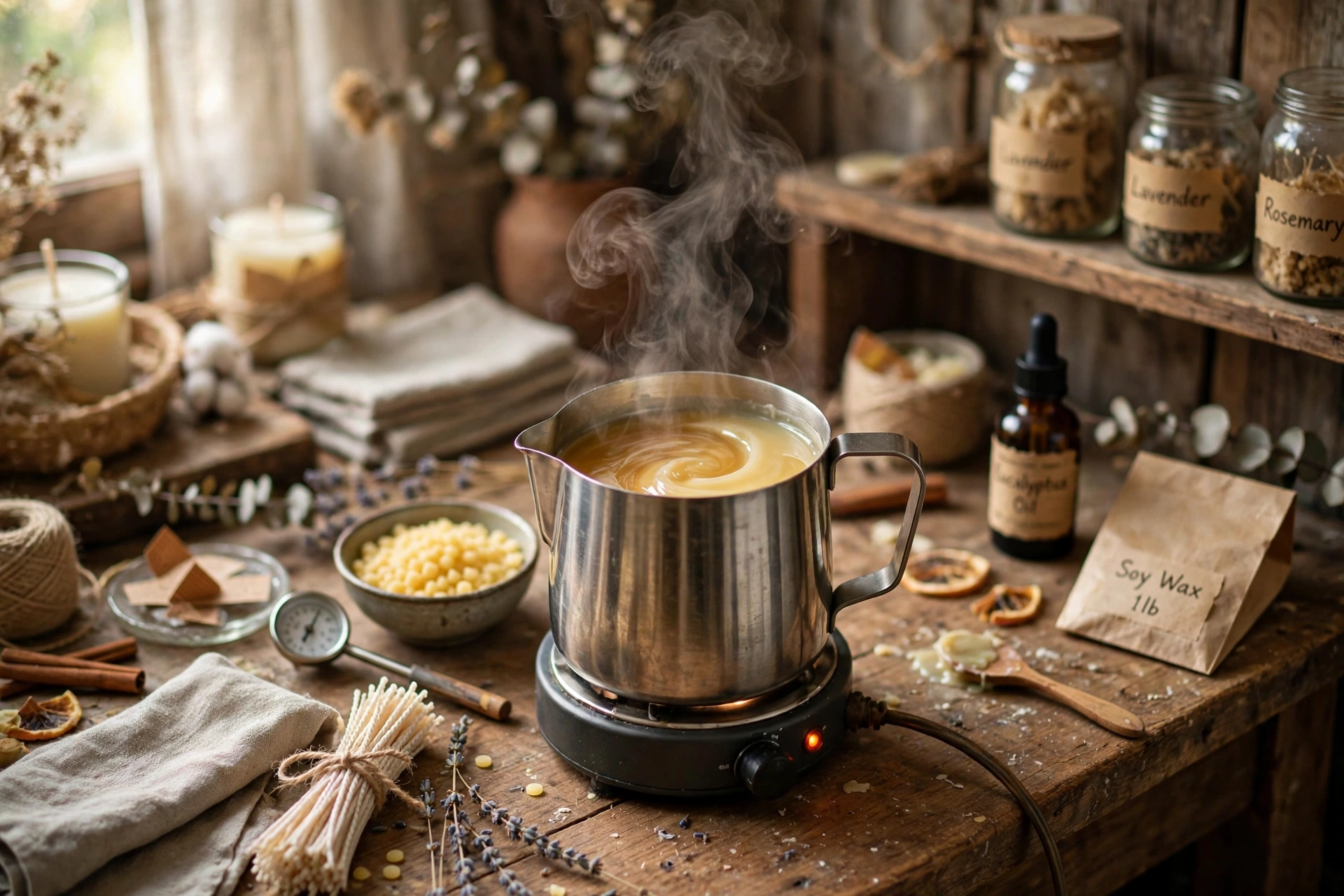Melting soft wax in a pouring pitcher on a warmer
