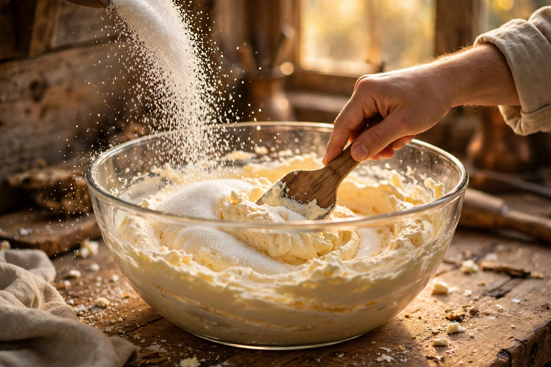 Folding granulated sugar into a fluffy whipped scrub base with a wooden spatula