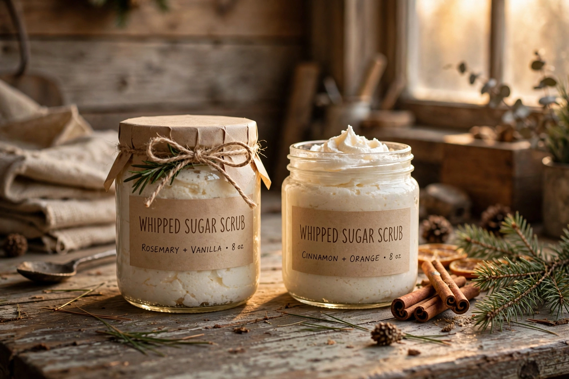 Labeled jars of whipped sugar scrub styled as holiday gifts with twine, rosemary, pine branches, and cinnamon sticks