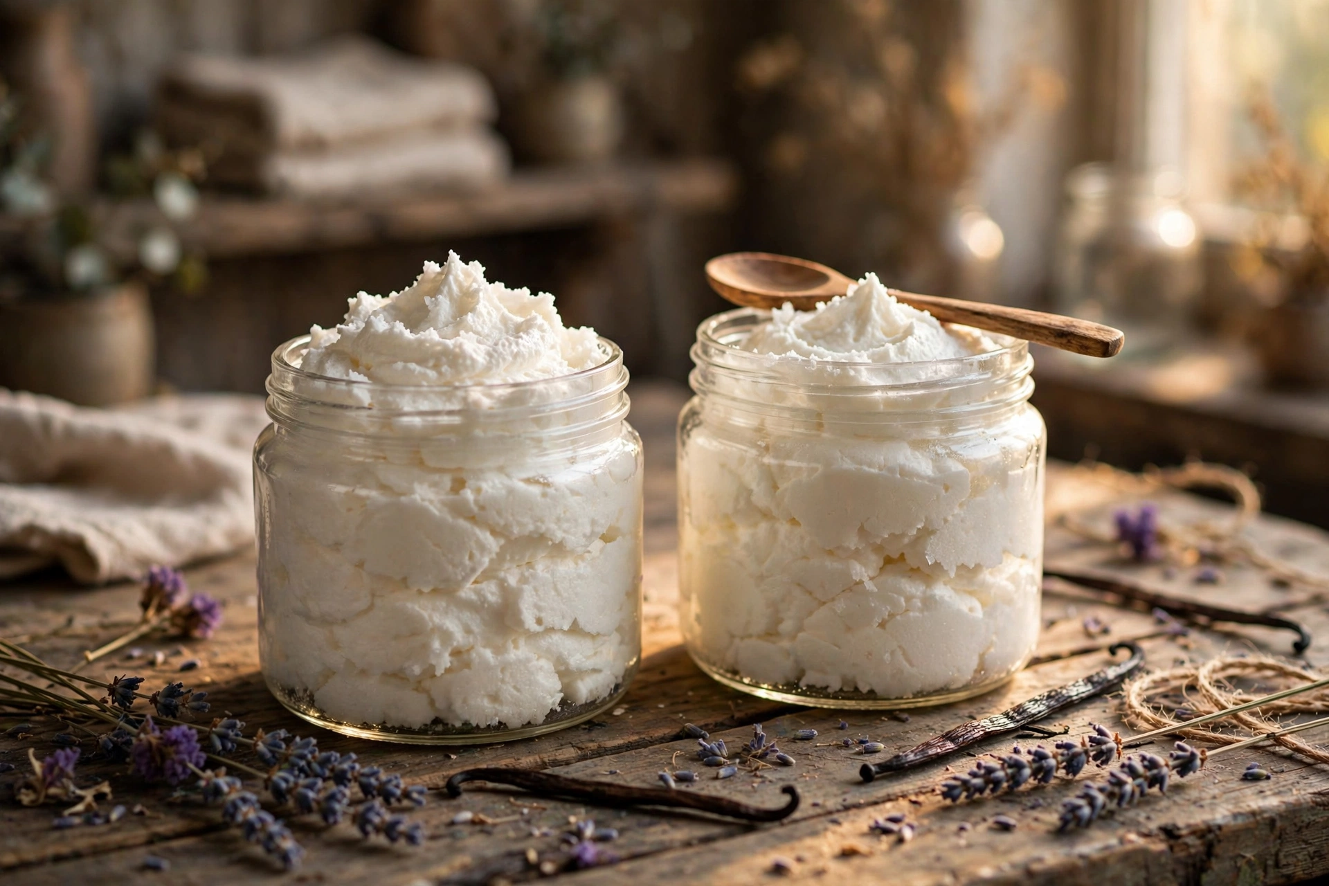 Two open glass jars of fluffy white whipped sugar scrub with a wooden spoon, lavender sprigs, and vanilla beans on a rustic workbench