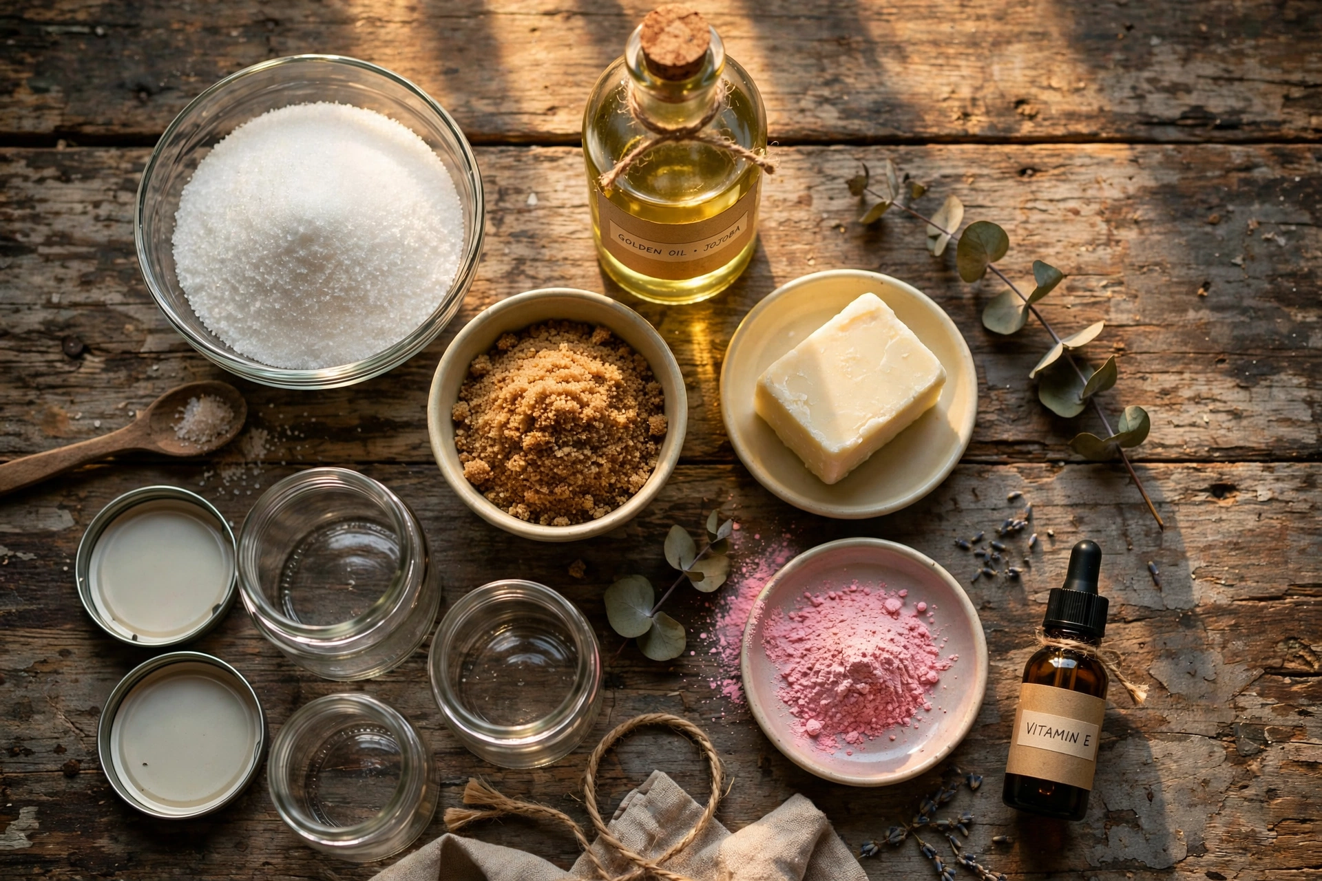 Ingredients for whipped sugar scrub arranged on a wooden workbench: bowls of white and brown sugar, a bottle of oil, shea butter, empty glass jars, and mica powder