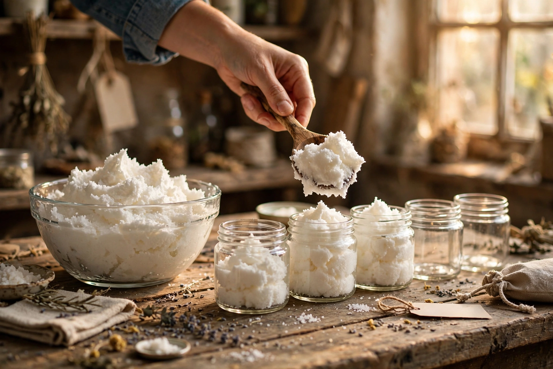 Spooning fluffy whipped sugar scrub from a bowl into small glass jars