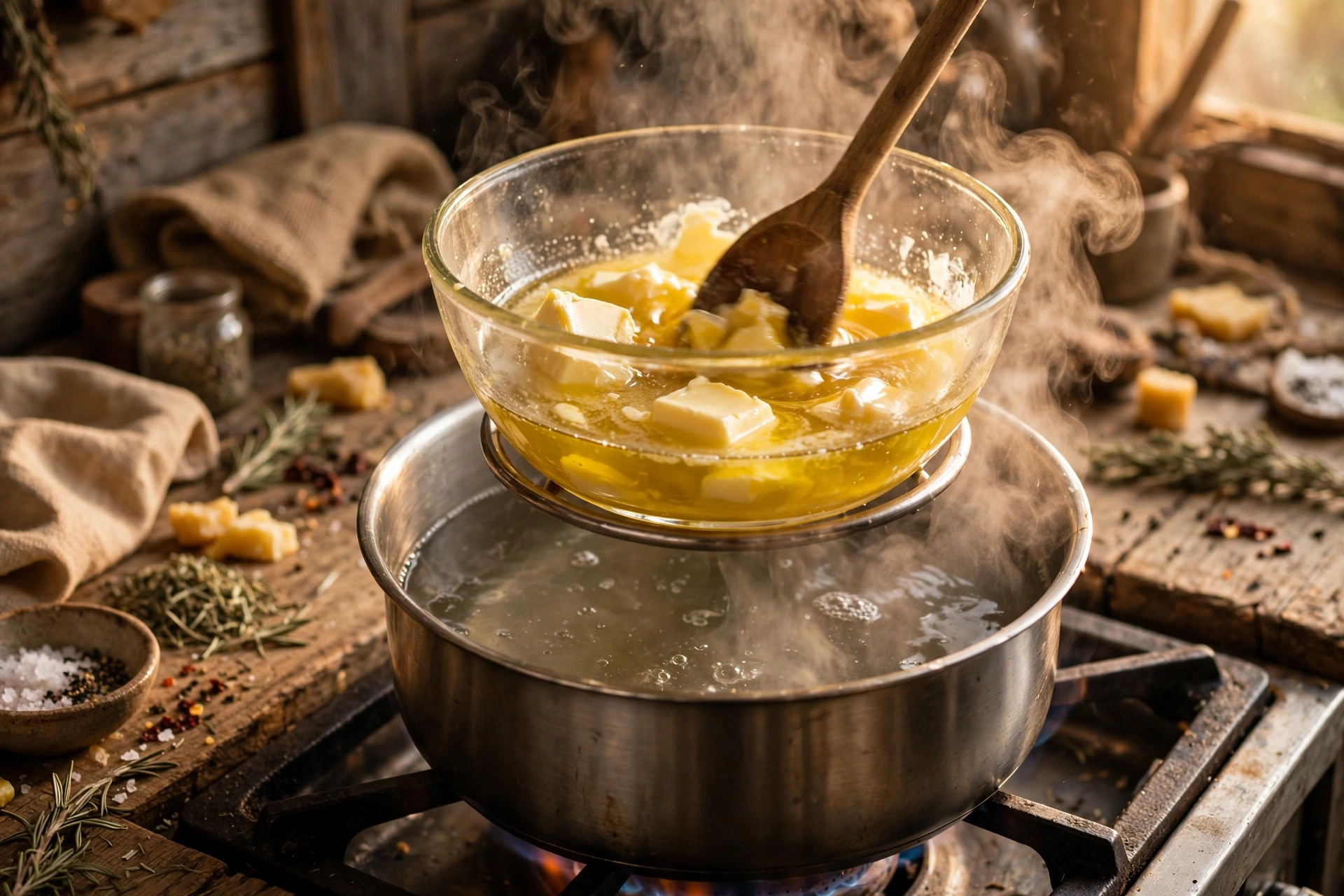 Oils and butter melting in a glass bowl set over a pot of steaming water as a double boiler