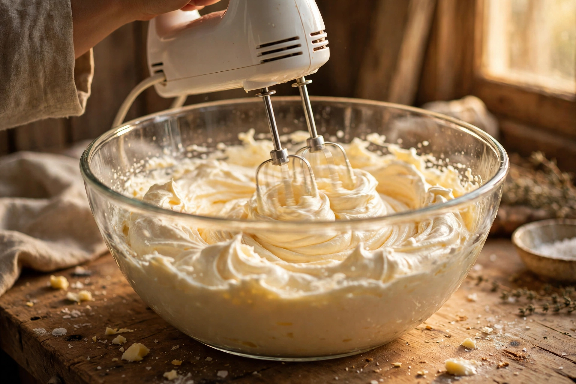 A hand mixer whipping a pale golden oil and butter base into soft fluffy peaks in a glass bowl