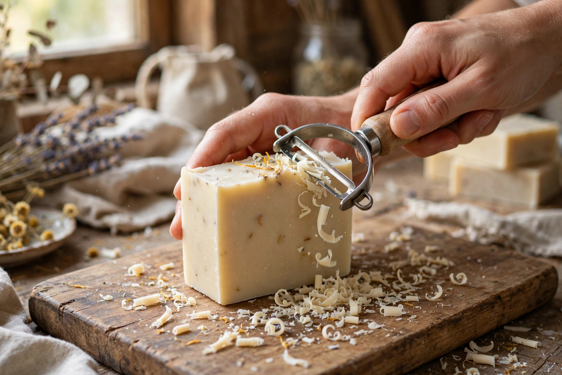 Beveling the edge of a soap bar with a vegetable peeler