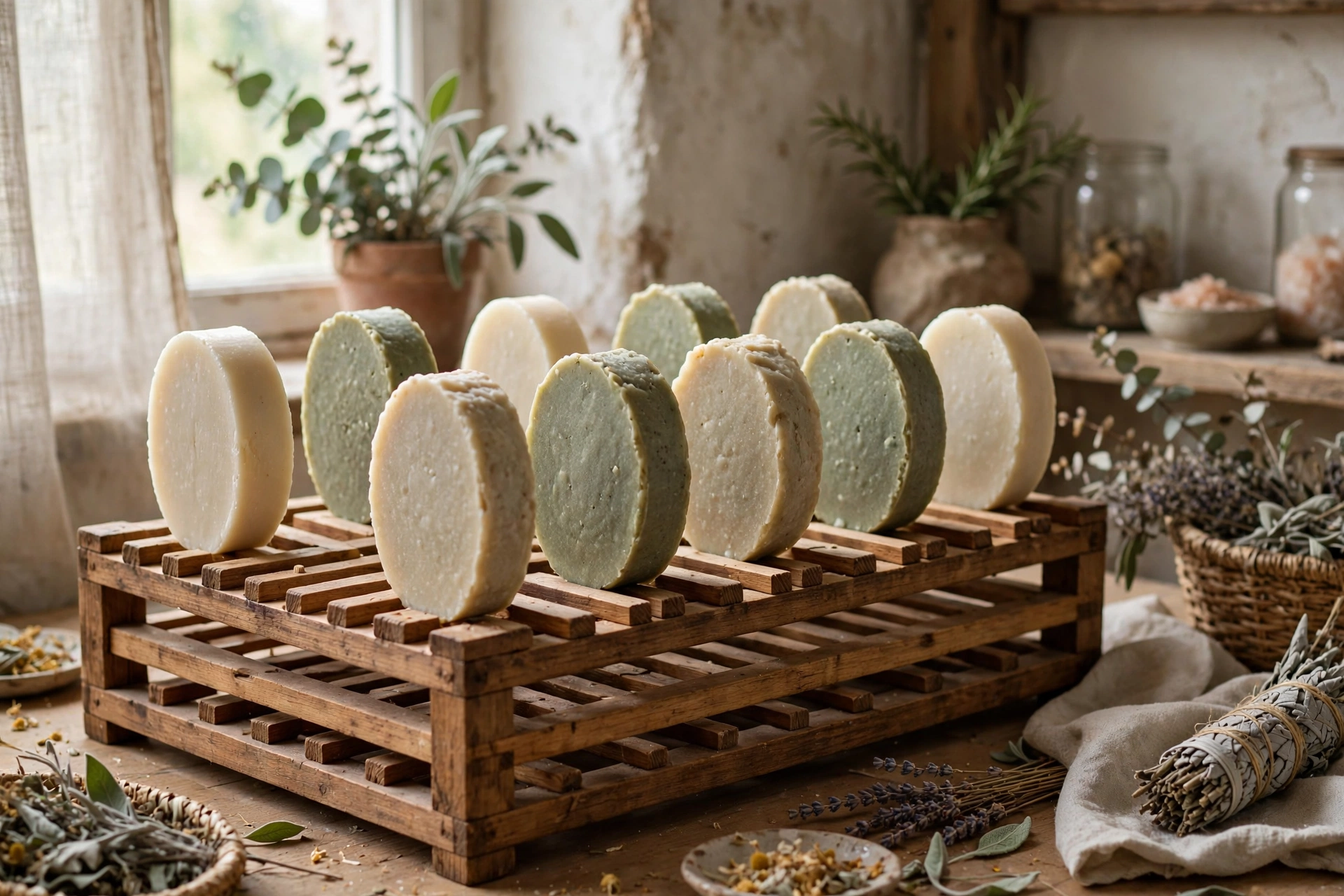 Shampoo bars curing on edge on a wooden rack