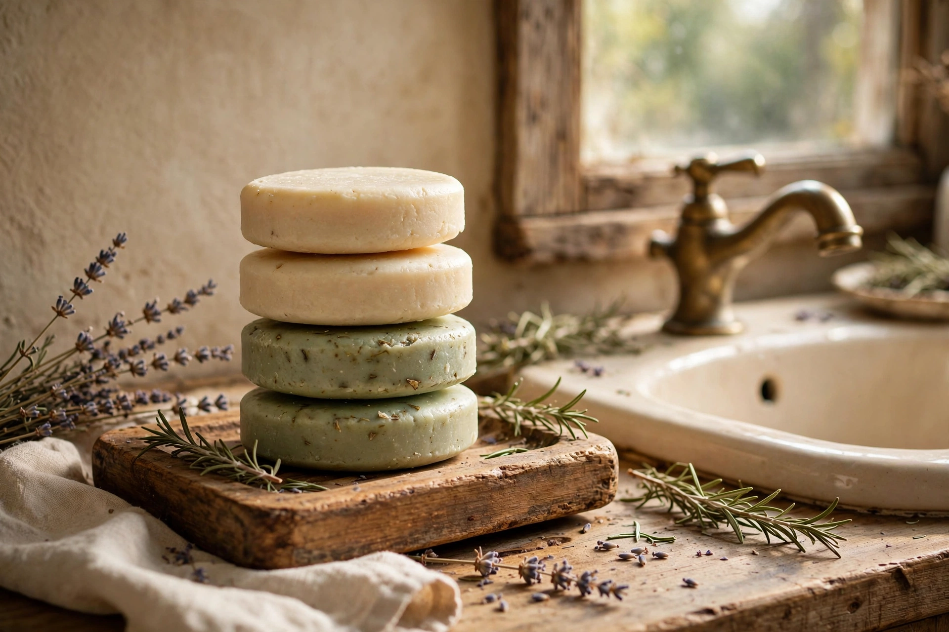 Handmade shampoo bars with herbs on a wooden soap dish beside a bathroom sink