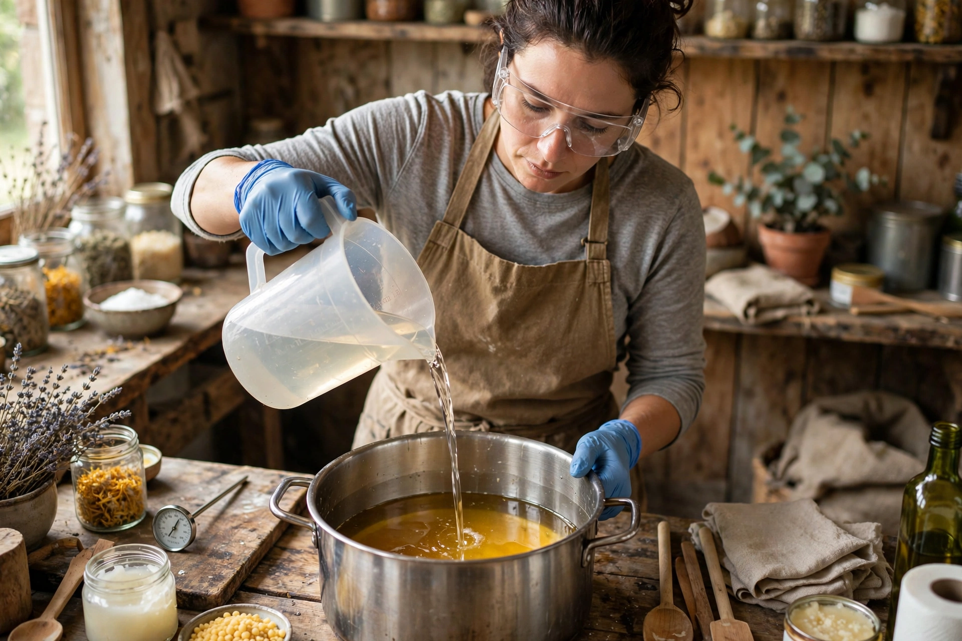Soapmaker in goggles and gloves pouring lye solution into melted oils