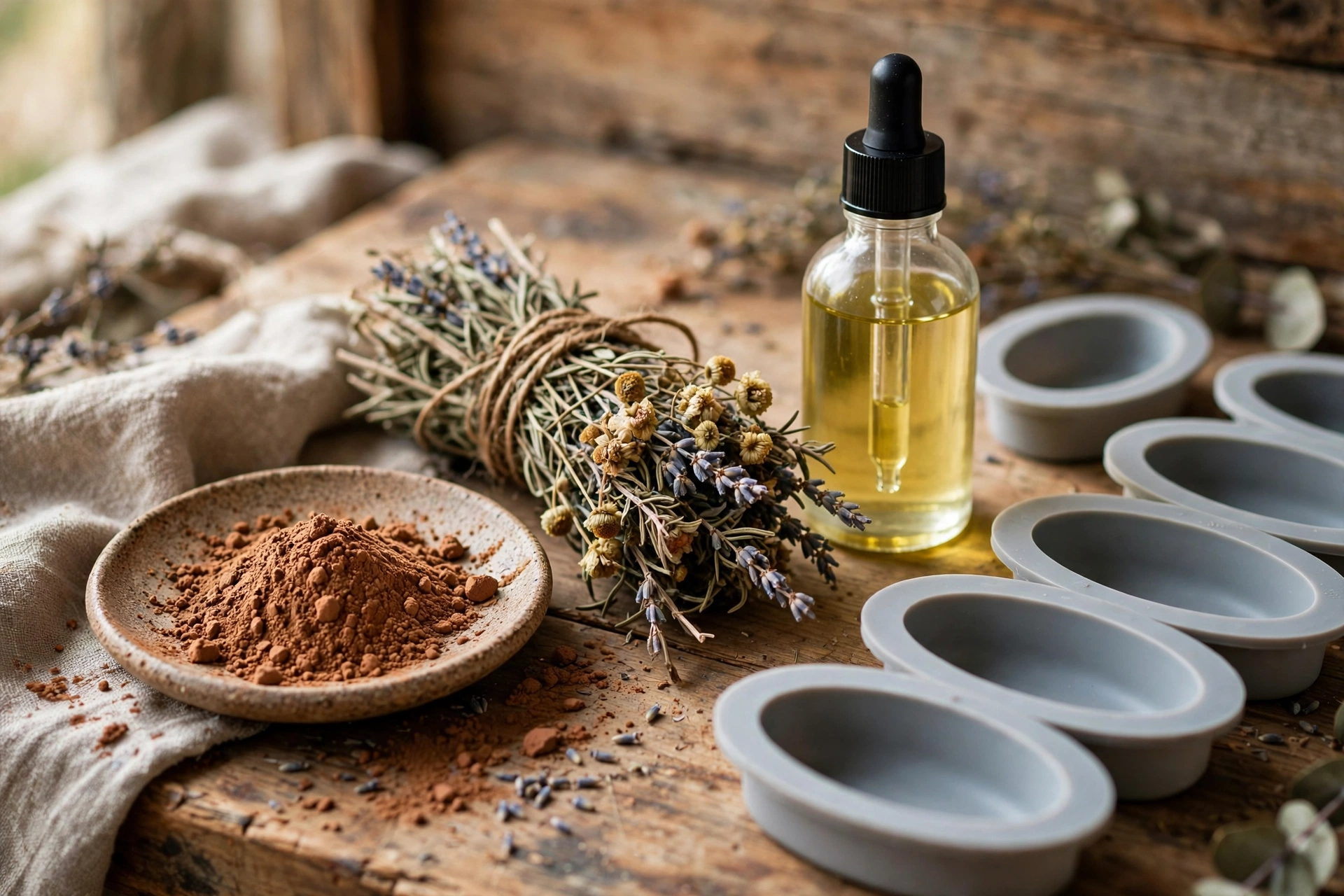 Clay powder and dried herbs beside staged oval soap molds on a workbench