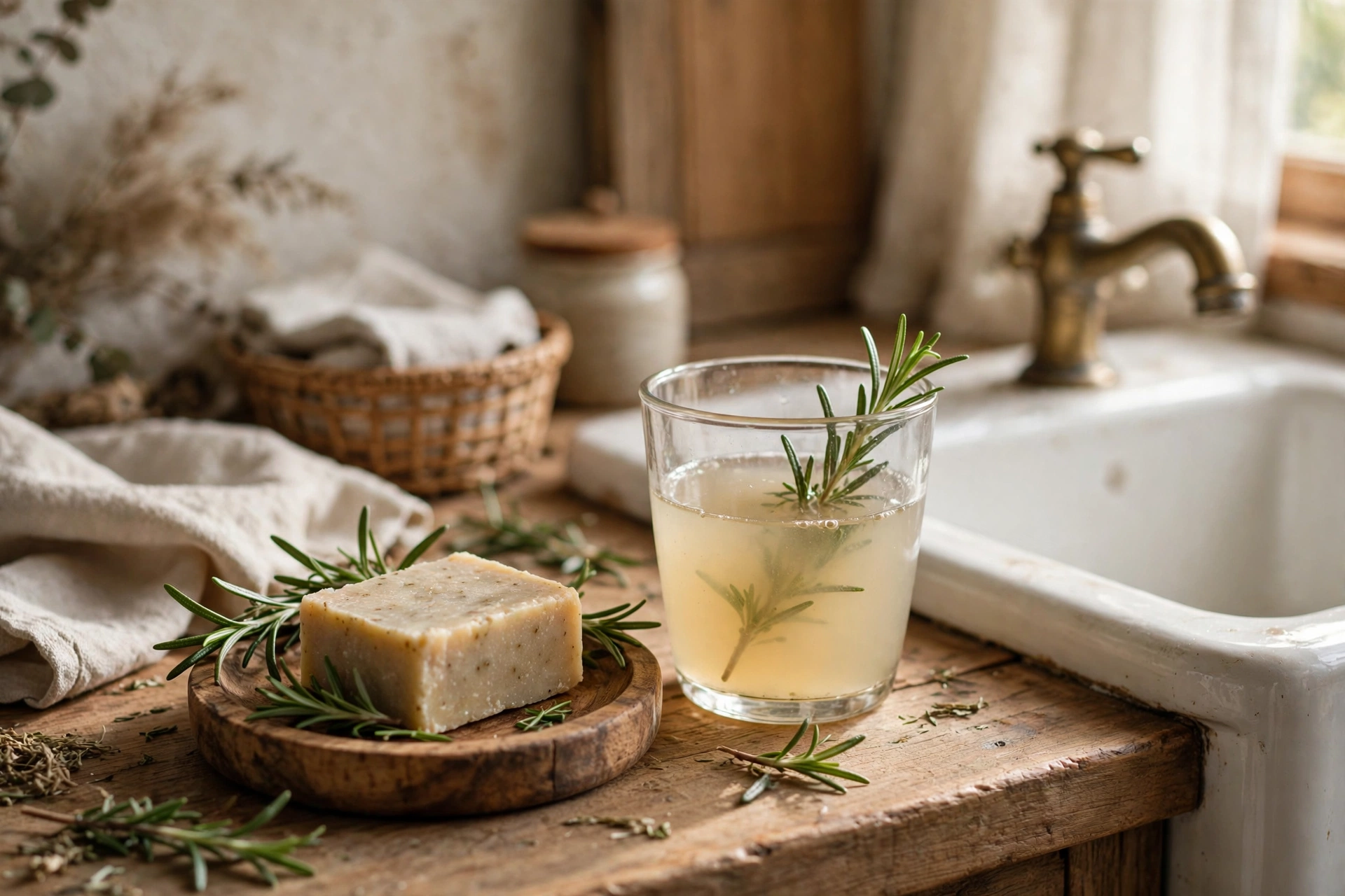 Glass cup of diluted apple cider vinegar rinse beside a handmade shampoo bar