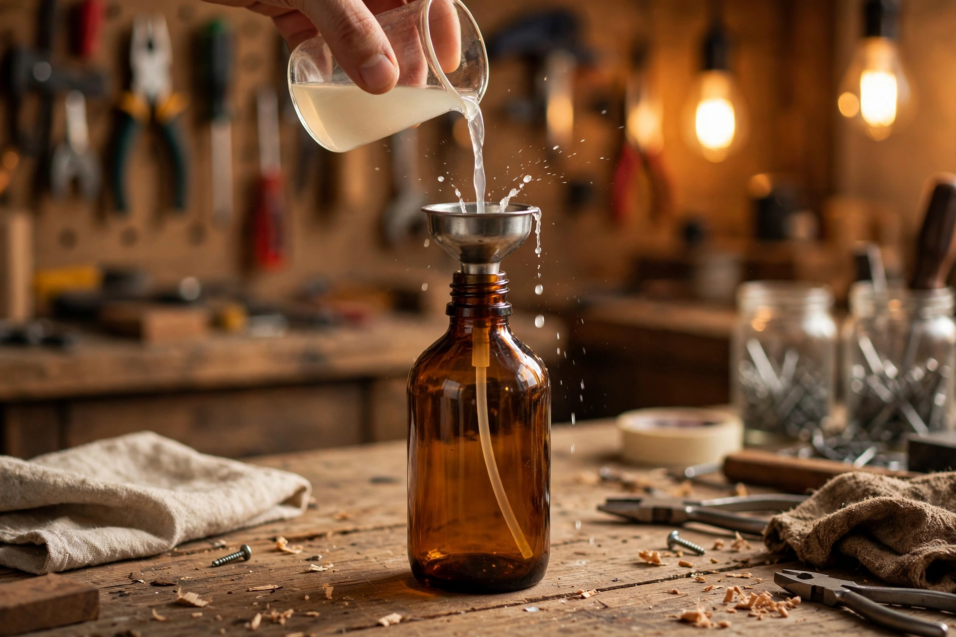 Pouring fragrance mixture through a small funnel into an amber spray bottle