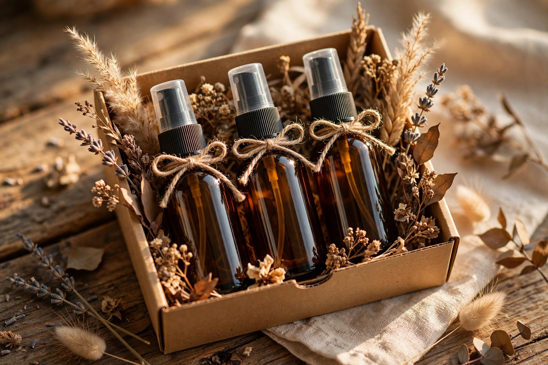 Three finished spray bottles tied with twine in a small gift box with dried flowers