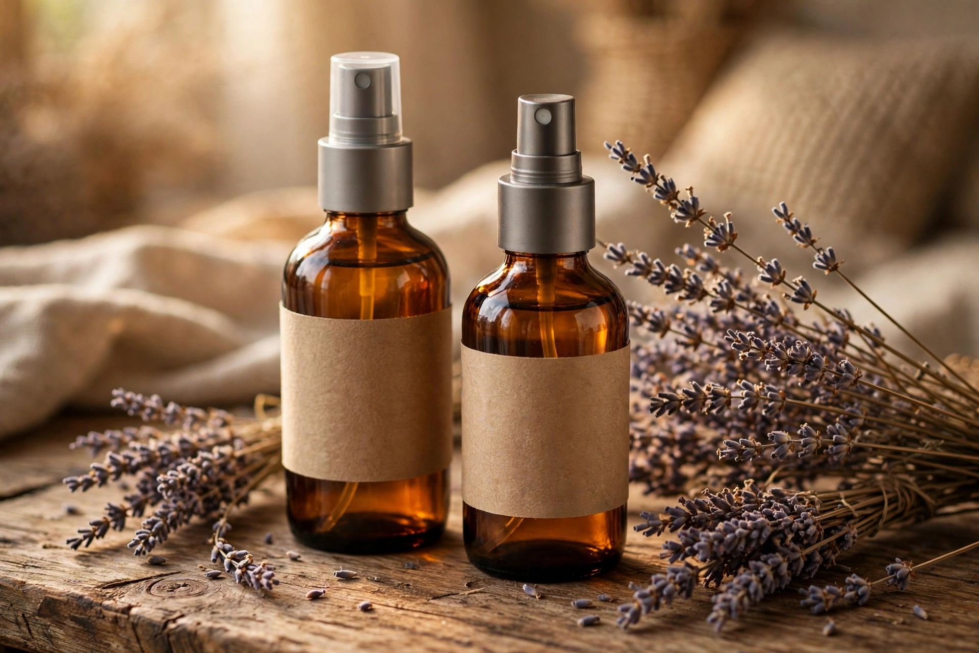 Two amber glass spray bottles with kraft labels on a rustic table beside dried lavender