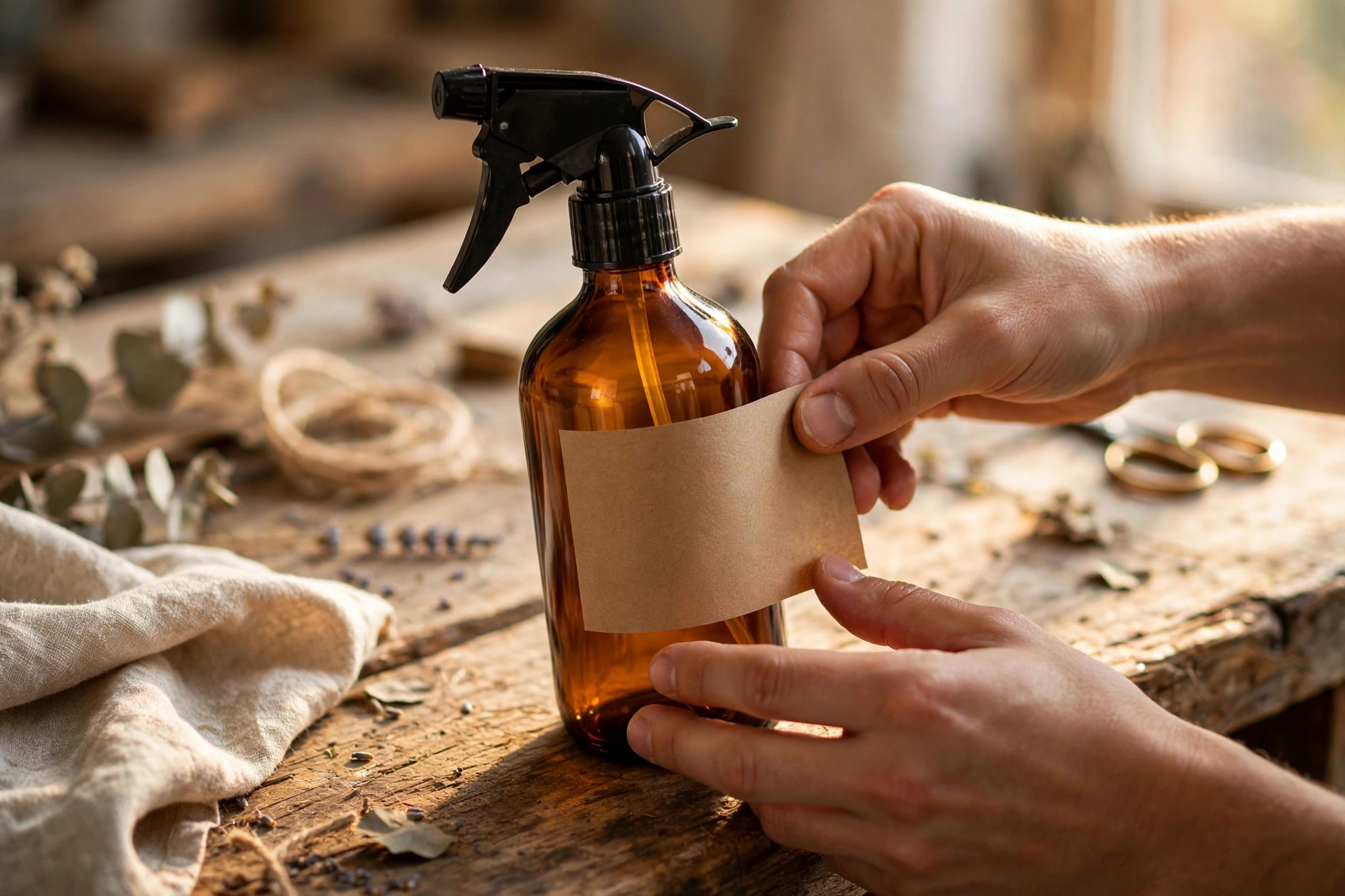 Hands applying a handwritten kraft label to an amber spray bottle