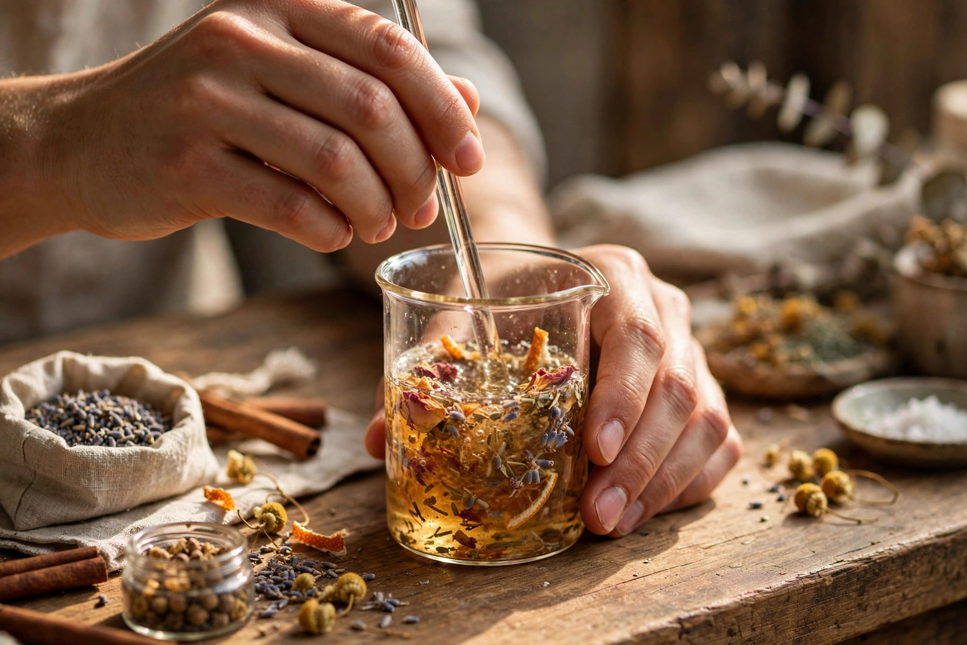 Stirring a fragrance and solubilizer blend in a small glass container