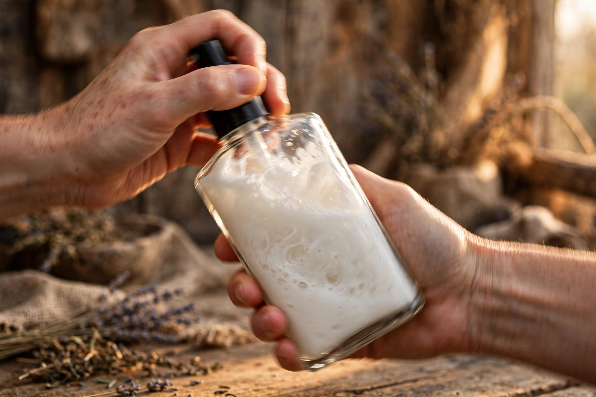 Hands shaking a glass spray bottle with milky fragrance mixture inside