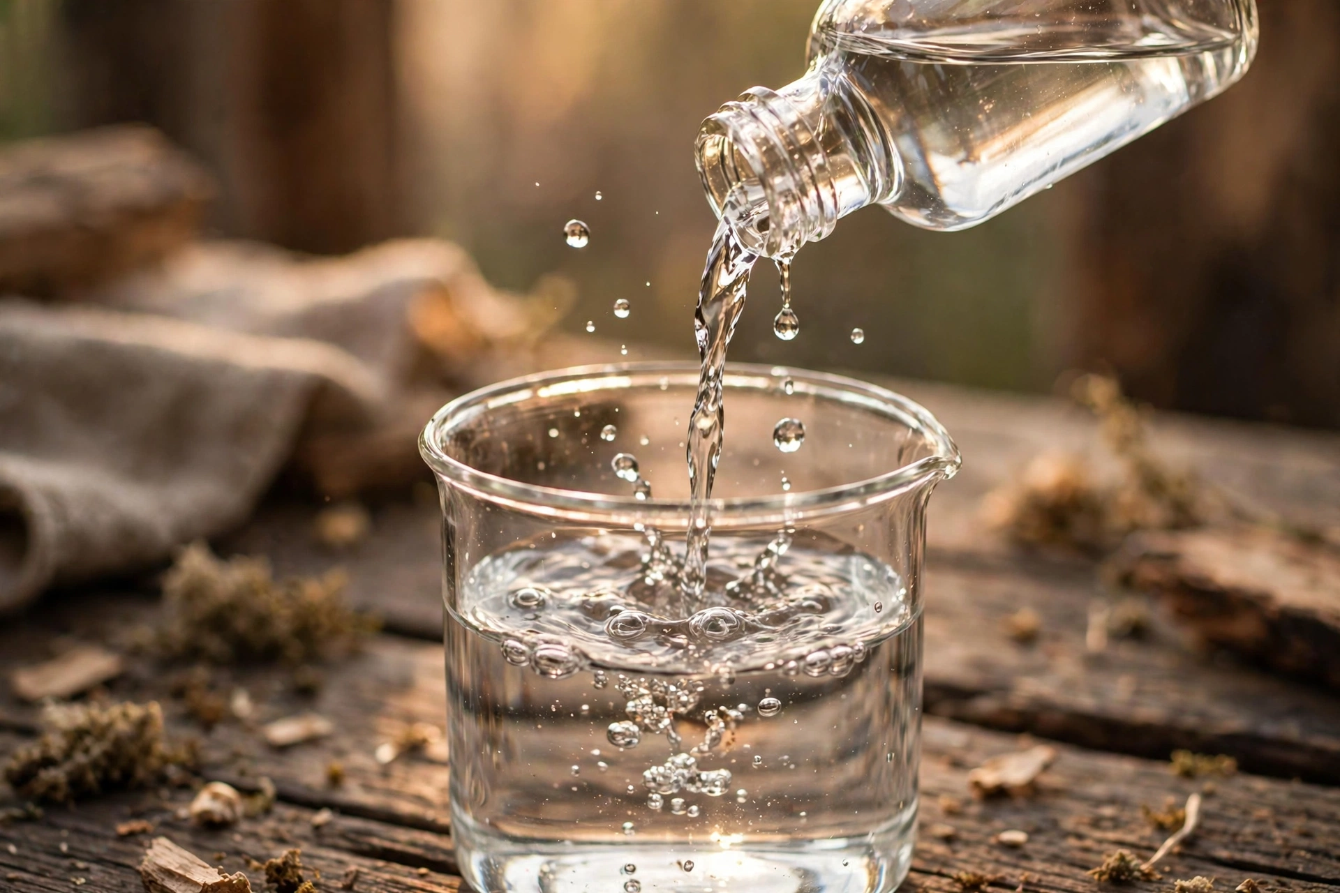 Pouring a clear solubilizer liquid from a small bottle into a glass beaker of water