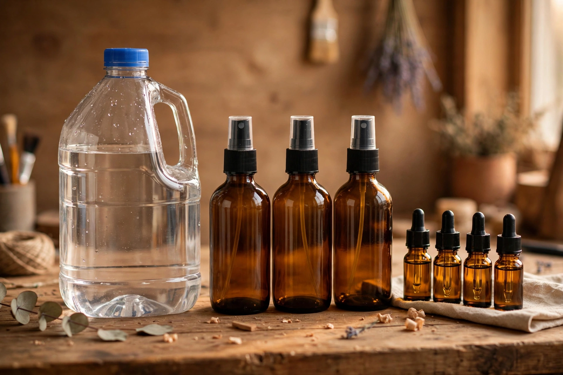 Distilled water jug, amber spray bottles, and small fragrance bottles arranged on a workbench