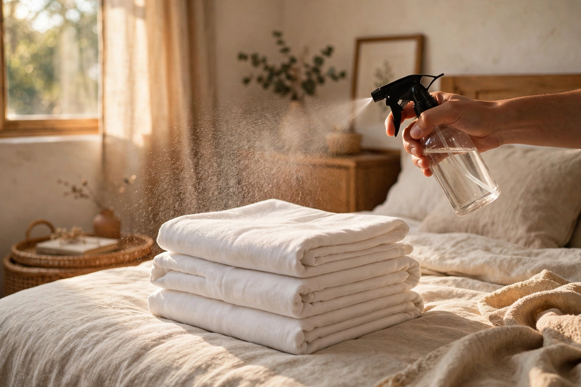 Hand misting linen spray over folded linens on a bed in a cozy bedroom