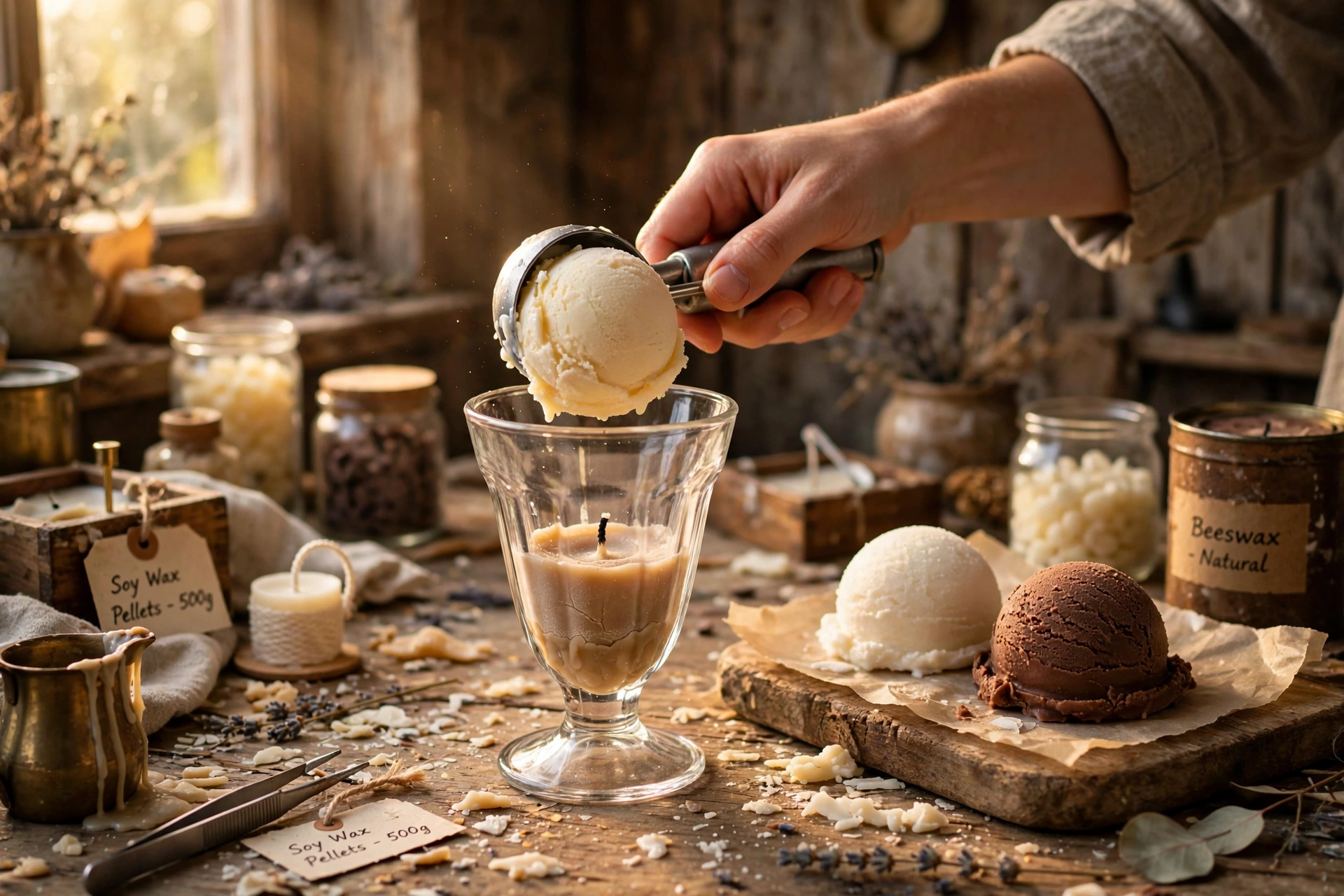 Stacking wax ice cream scoops into the sundae glass over the hardened base candle