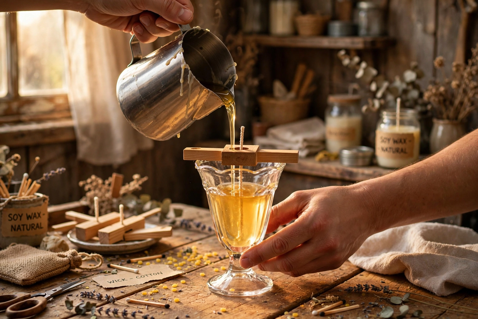 Centering a wick in a glass sundae cup and pouring the base candle layer