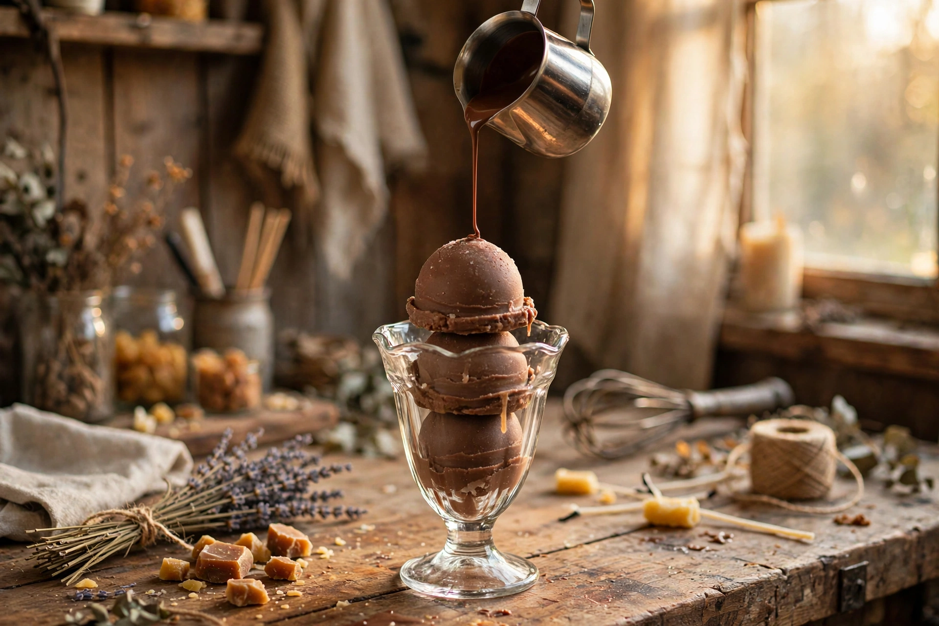 Drizzling thin melted chocolate-colored wax over the stacked wax scoops