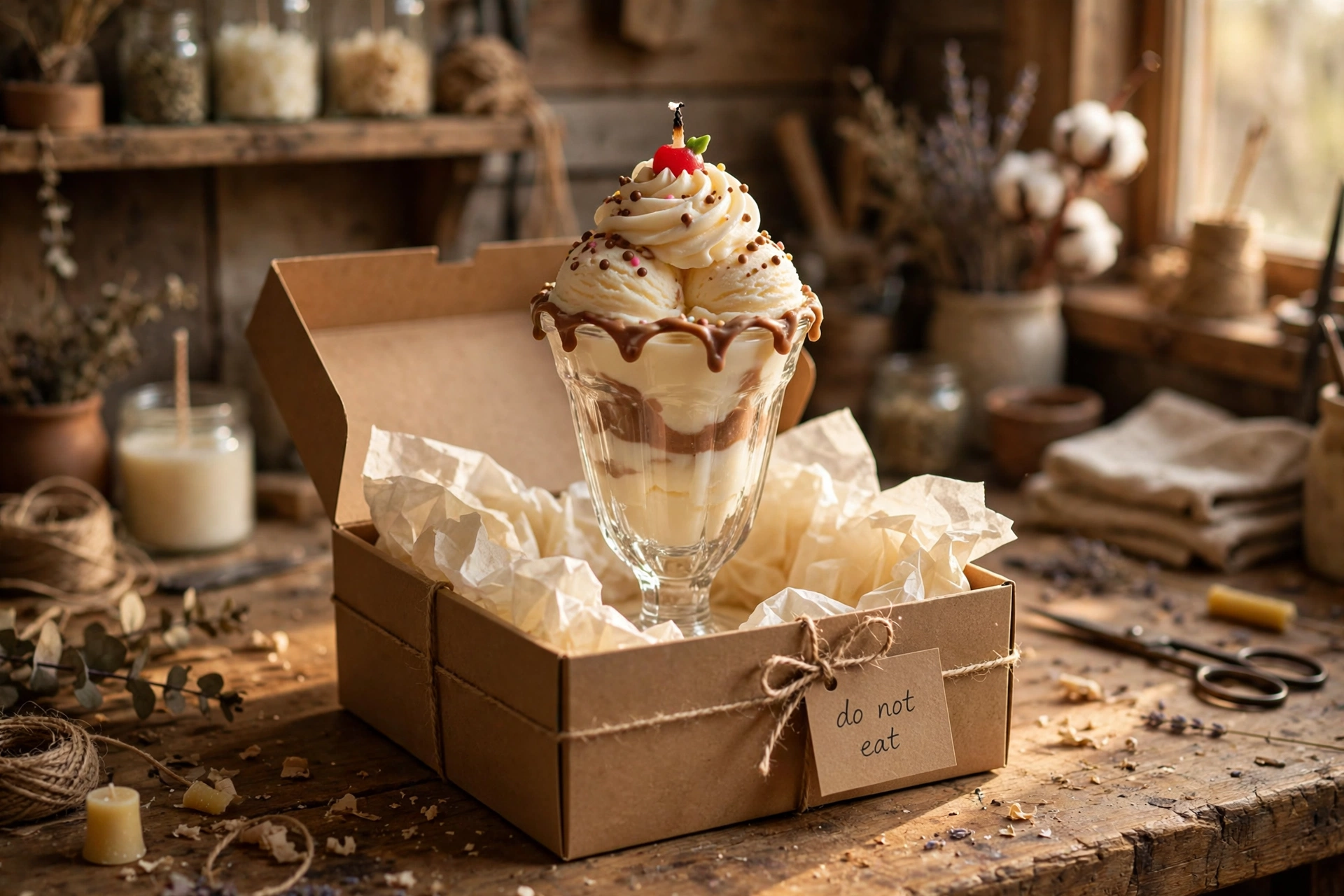 Finished ice cream sundae candle packed in a kraft gift box with a do-not-eat tag