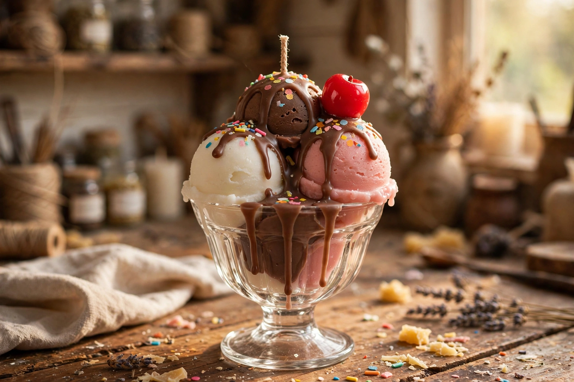 Finished ice cream sundae candle in a clear sundae glass with three wax scoops, chocolate drizzle, wax sprinkles, and a wax cherry on a rustic workbench