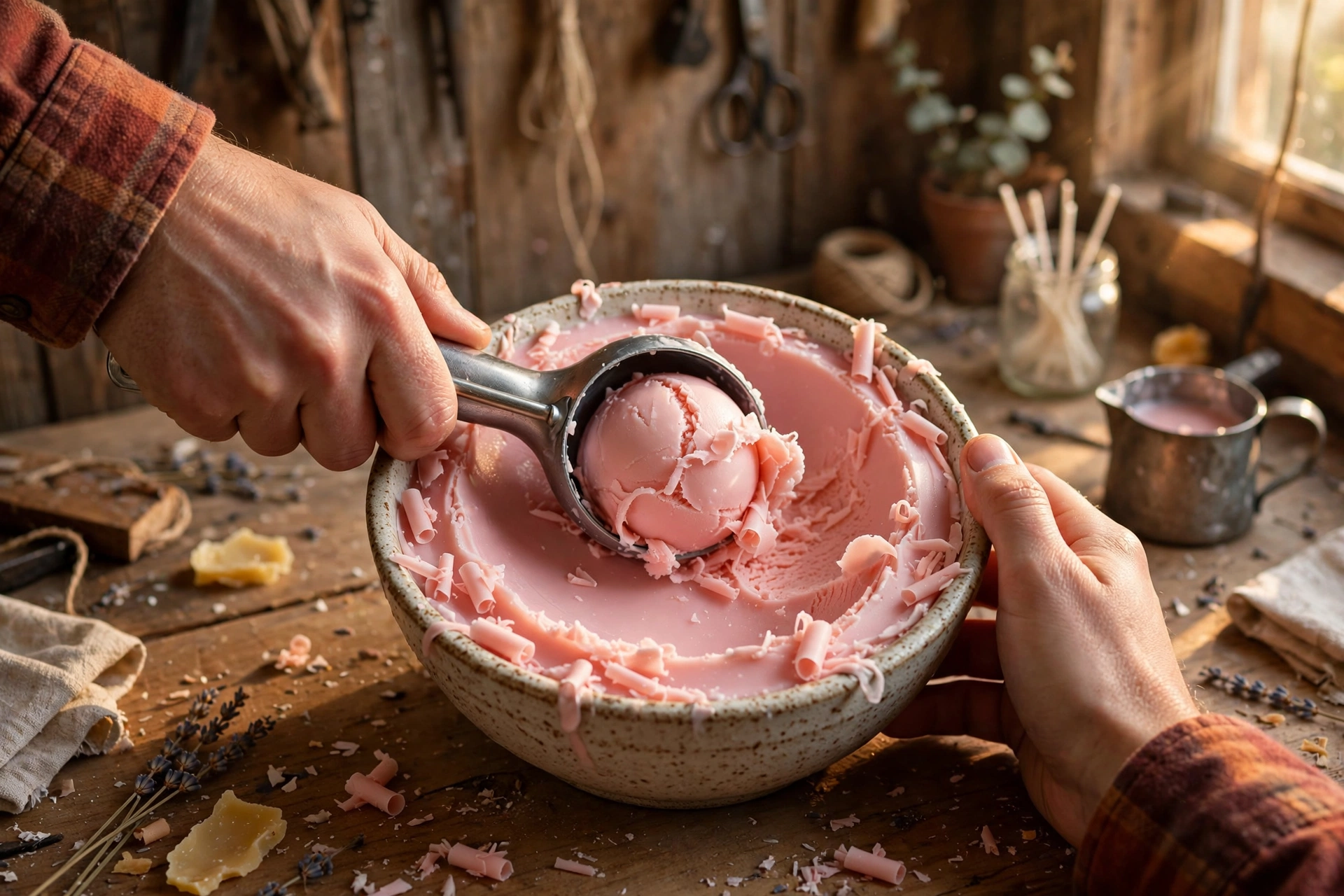 Scooping firm warm wax into round balls with an ice cream scoop