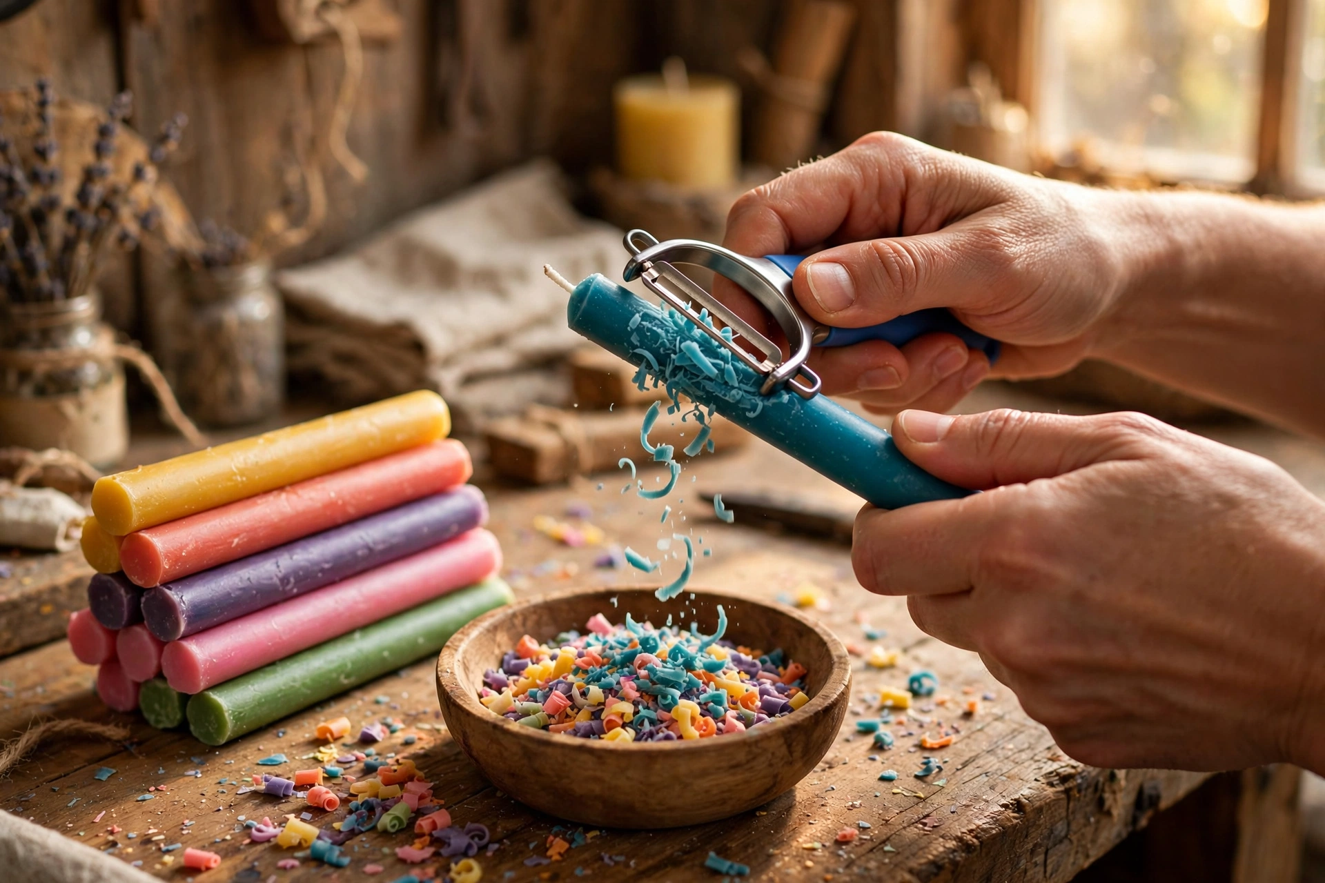 Shaving thin wax curls from colored wax sticks to make wax sprinkles