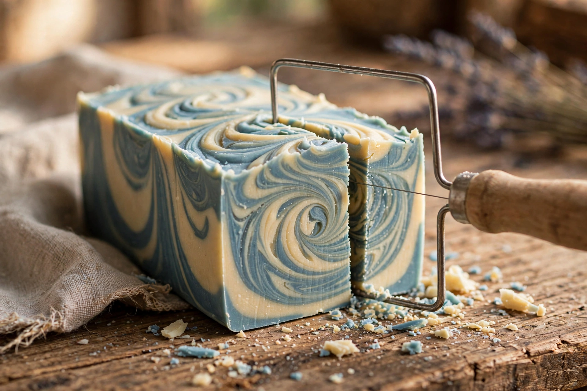 Cutting a loaf of swirled soap with a wire cutter, revealing the colorful swirl pattern