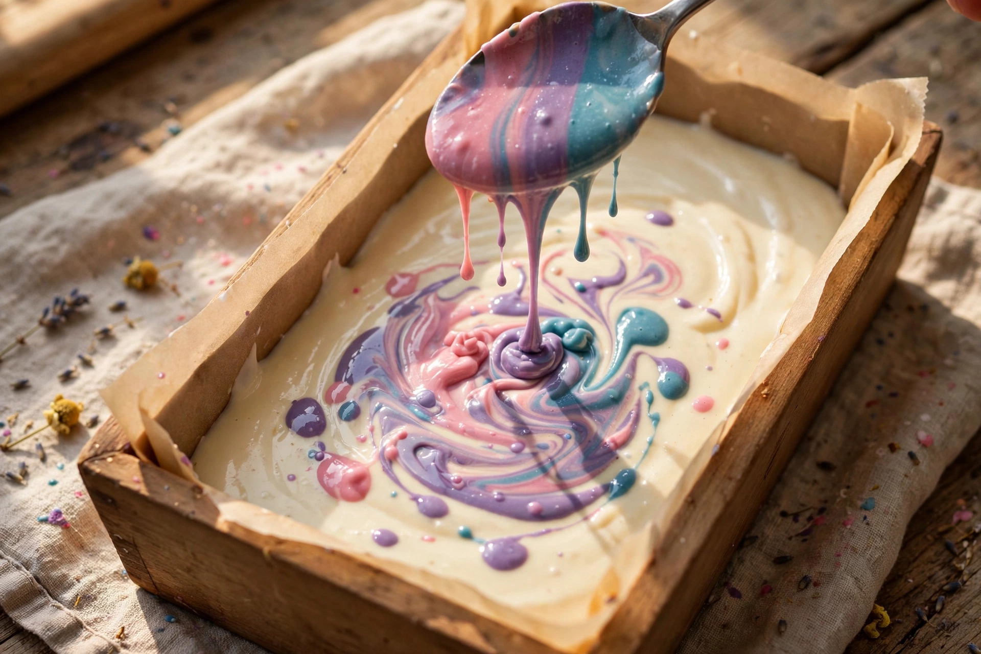 Drizzling colored batter from a spoon into a loaf mold for a drop swirl
