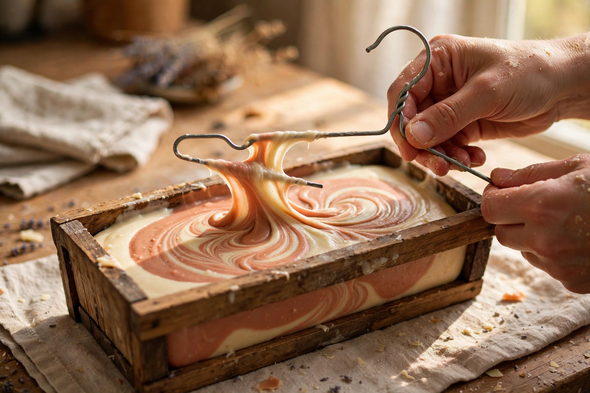 DIY wire hanger swirl tool being pulled through soap batter in a loaf mold