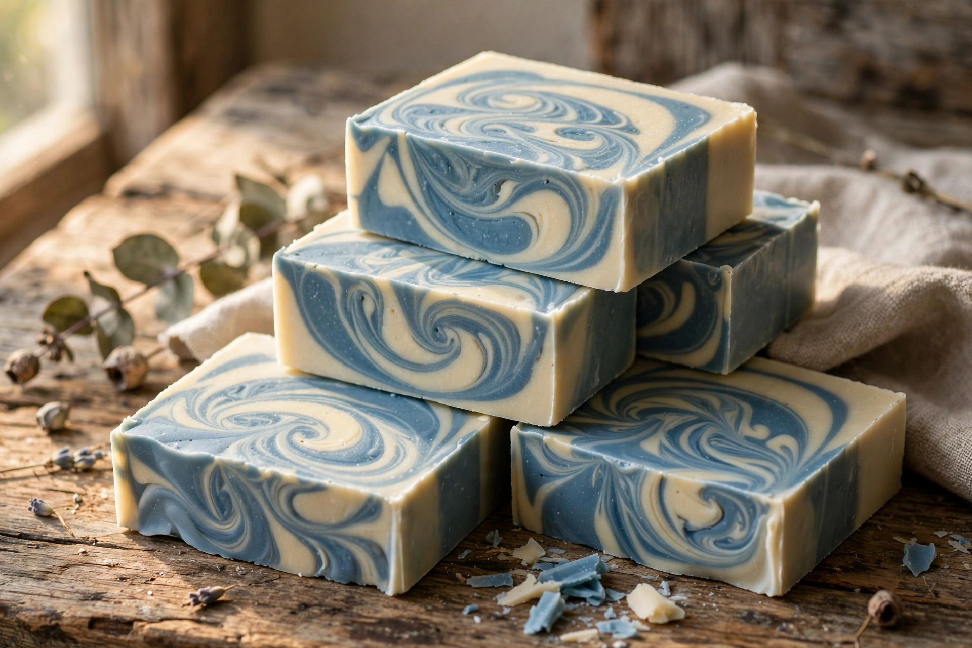 Freshly cut bars of cold process soap showing colorful swirls on a rustic wooden table