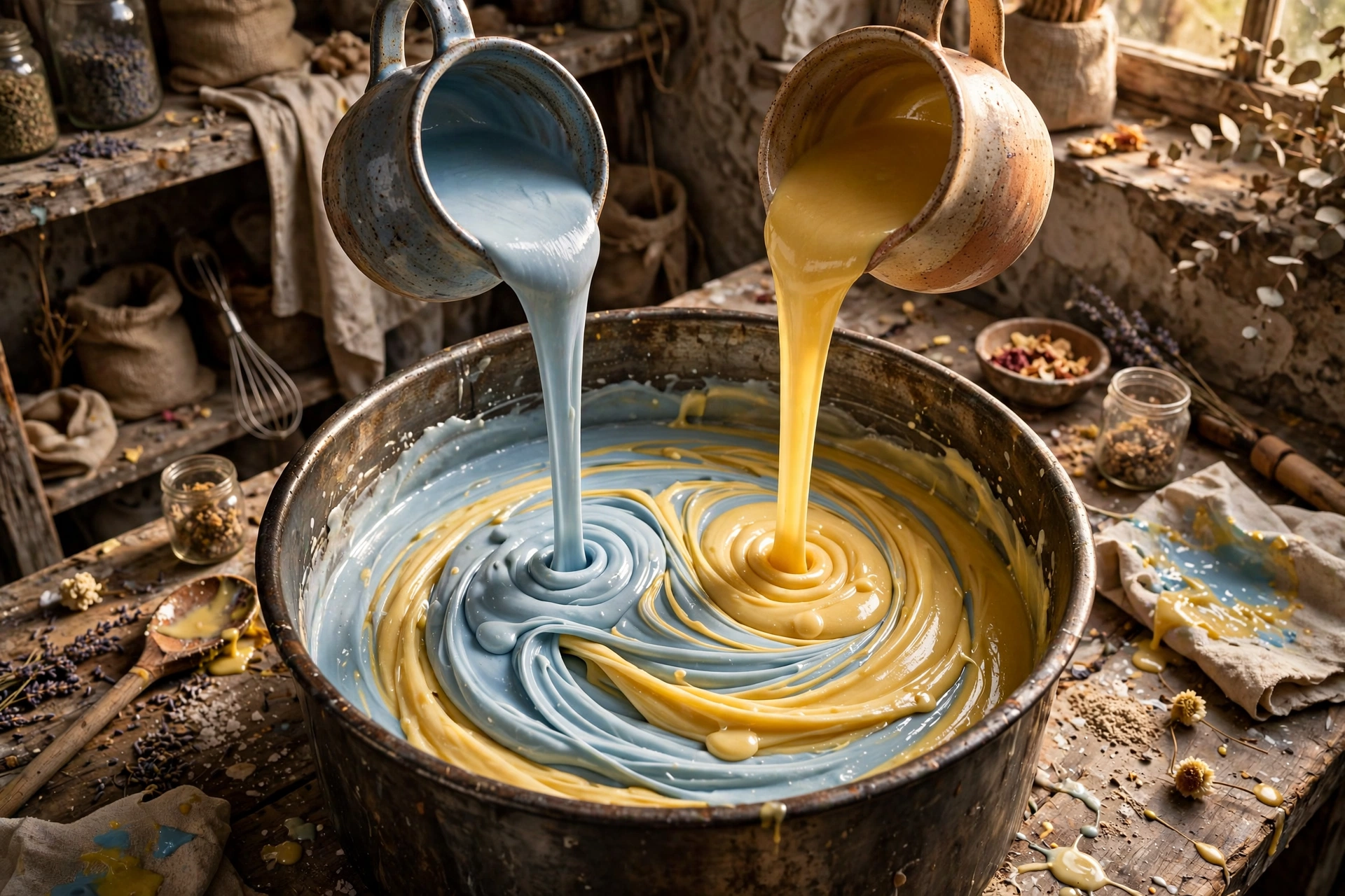 Pouring two colored soap batters alternately into a single pot for an in-the-pot swirl