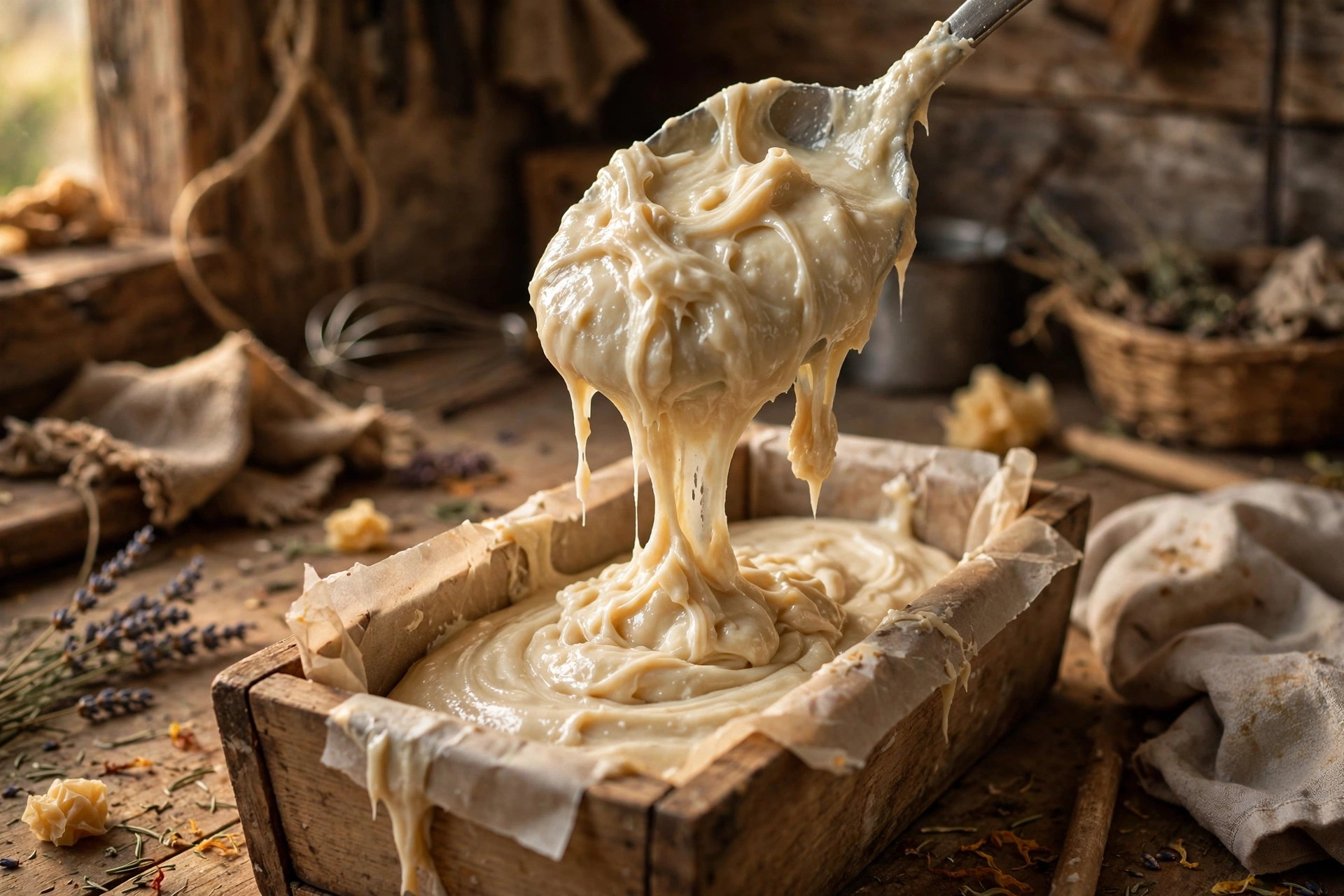 Thick gloppy soap batter being spooned into a mold