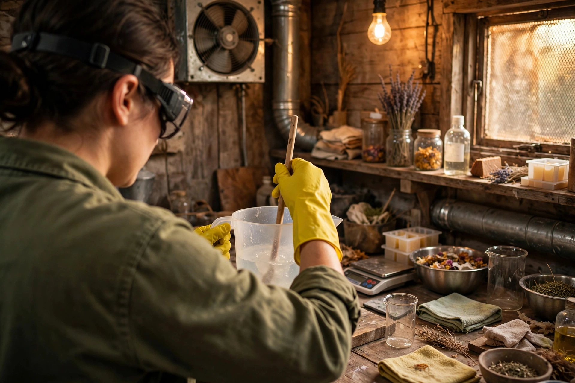 Soap maker wearing goggles, gloves, and long sleeves mixing lye solution in a ventilated workshop