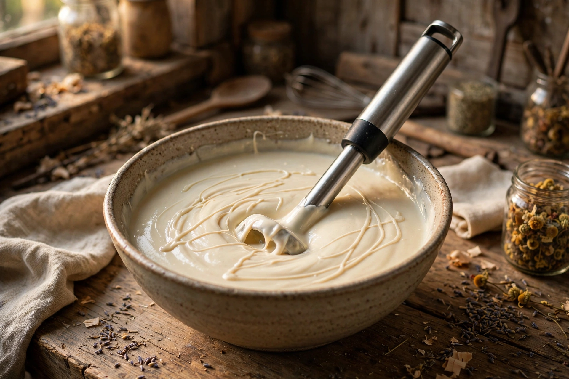 Stick blender in a bowl of soap batter at light trace with a thin drizzle visible