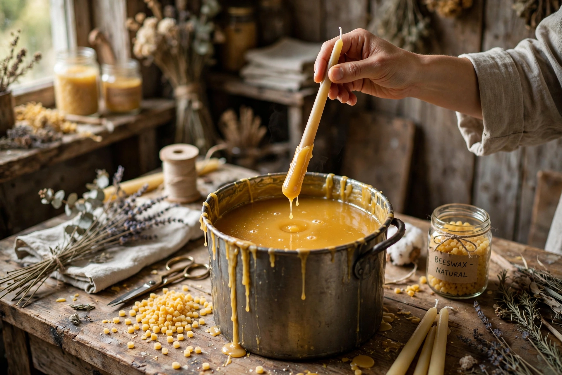 Dipping a taper candle into a tall pot of melted beeswax