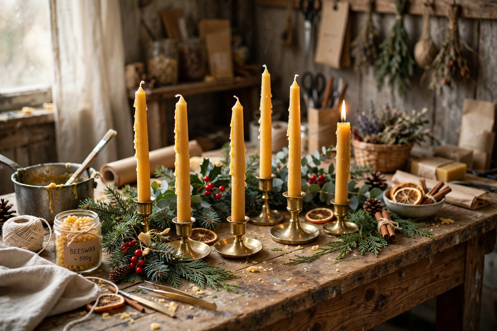 Hand-dipped beeswax taper candles in brass holders on a holiday table with greenery