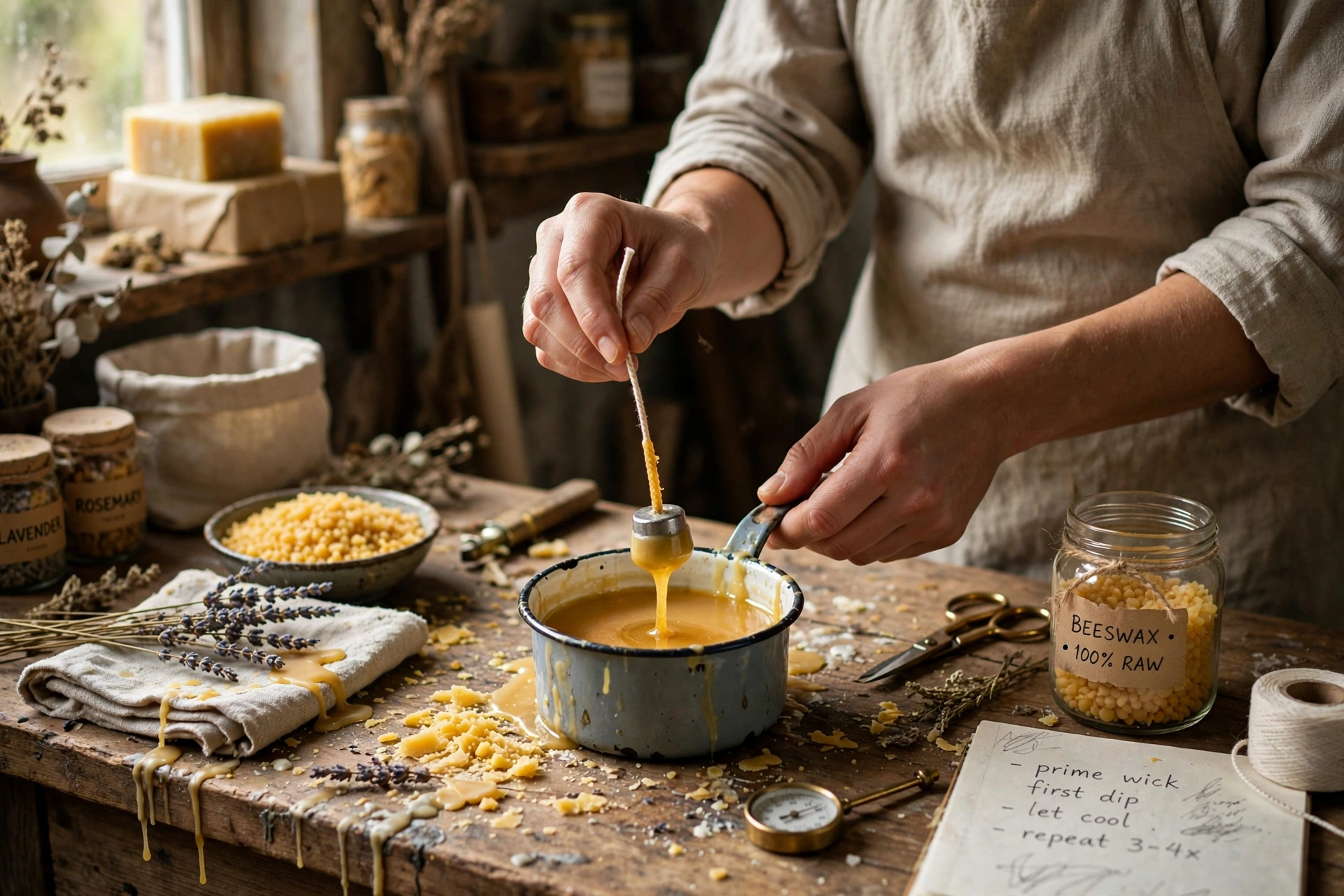 Priming a weighted wick with its first dip of beeswax