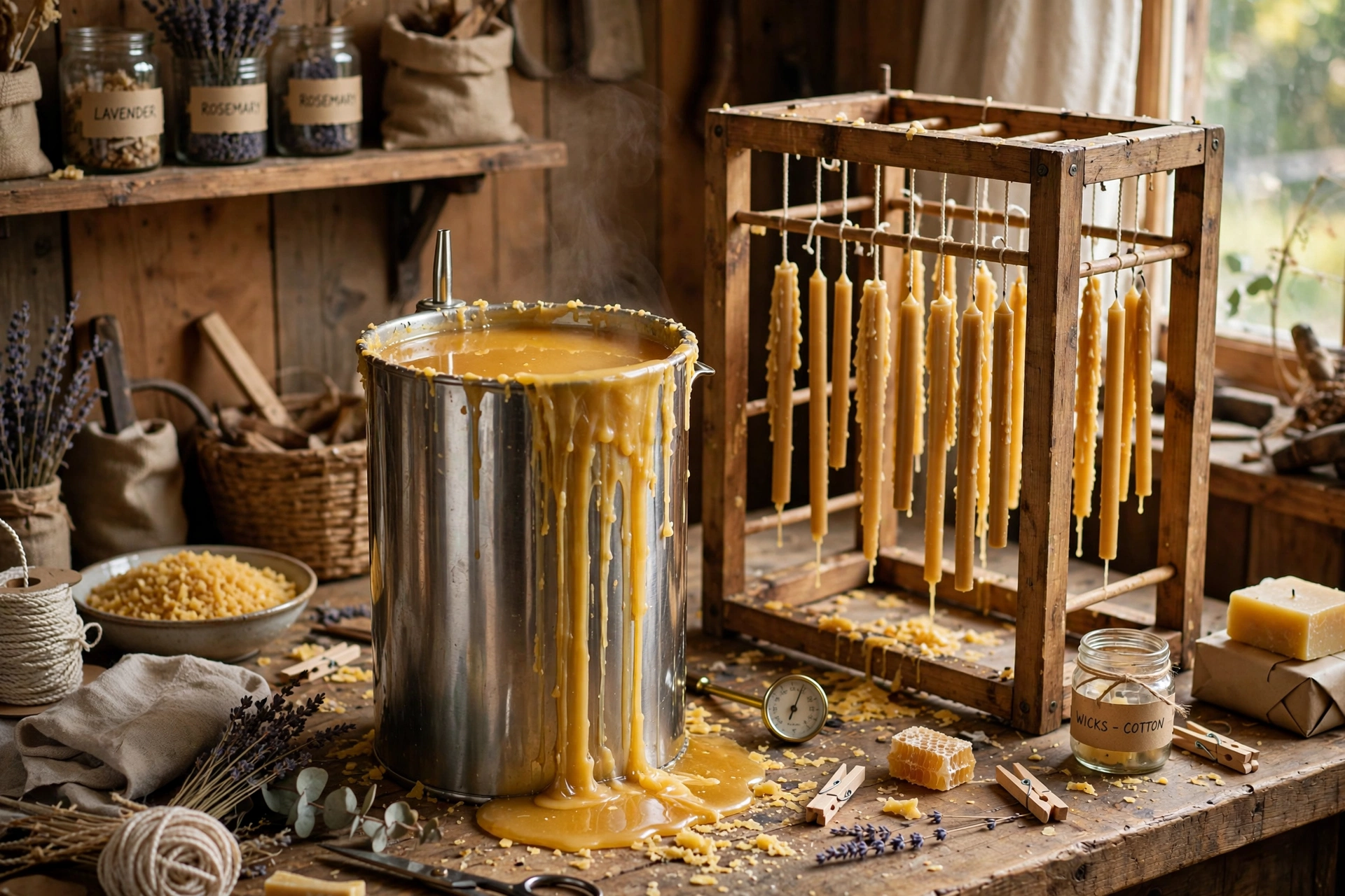 Tall melting pot of beeswax with a dipping frame beside it in a workshop