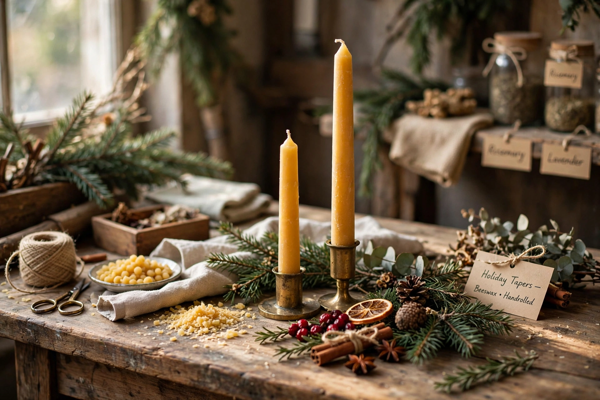 Pair of beeswax tapers of different heights styled in a holiday tablescape