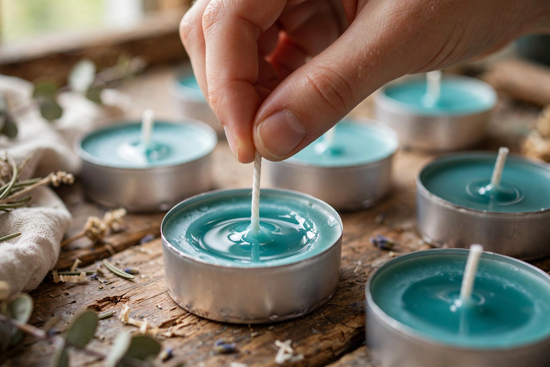 Straightening a wick in a freshly poured tealight while the wax is soft
