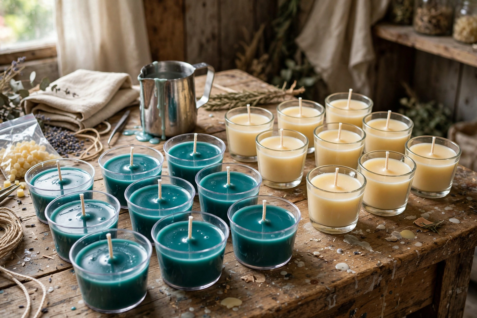 Freshly poured tealights and votives cooling in rows