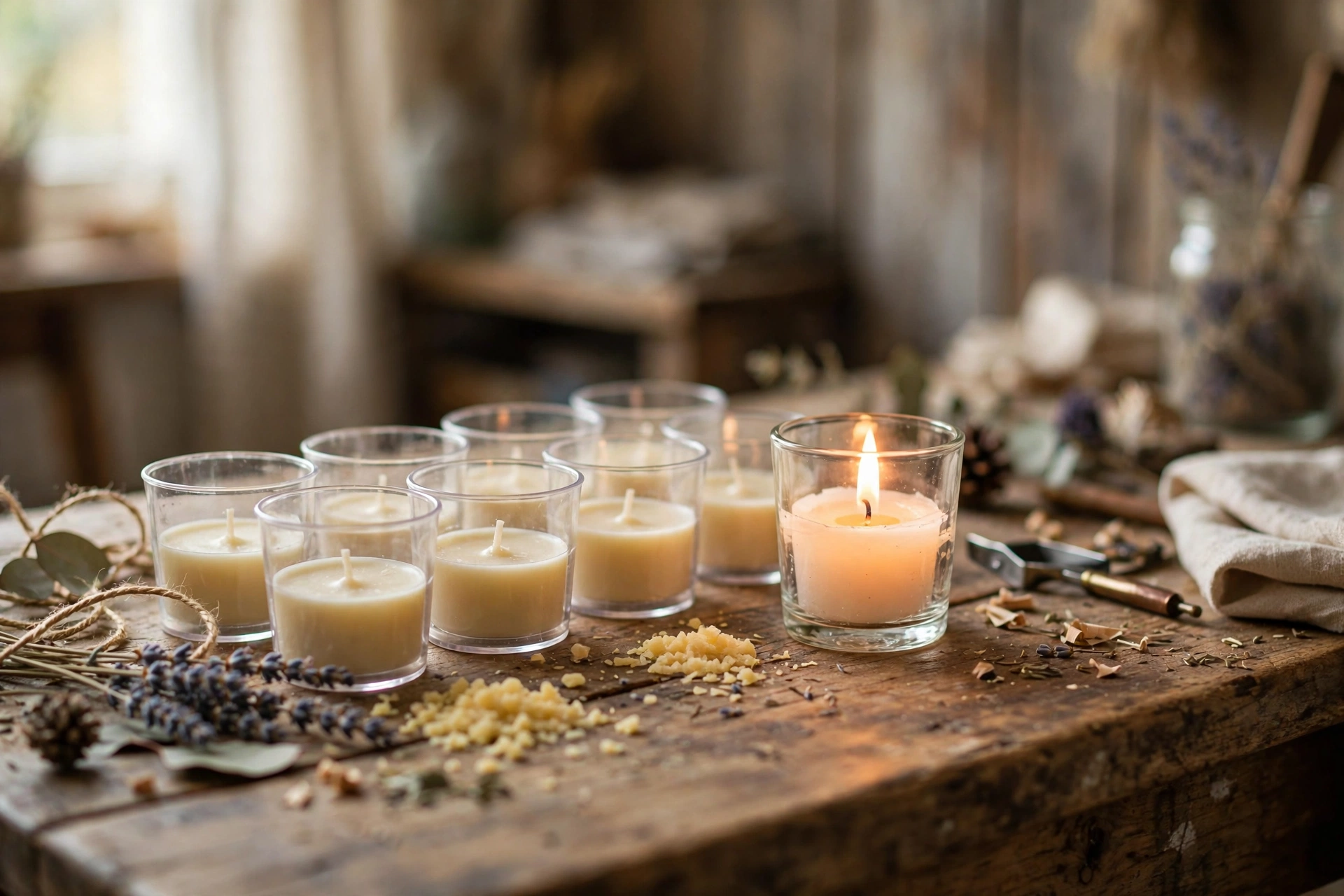Finished tealights beside a lit votive in a glass holder