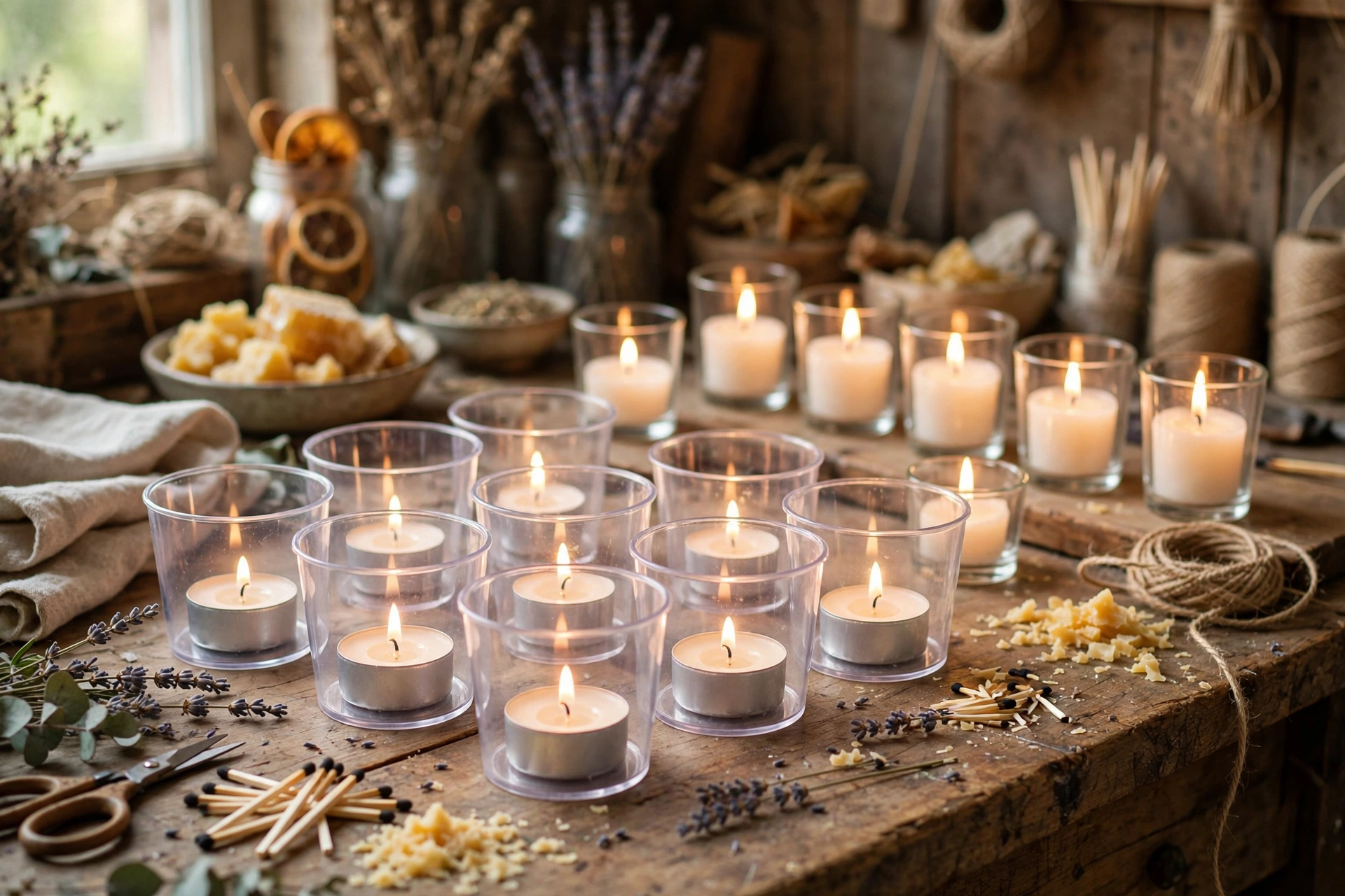 Rows of lit tealights and votive candles glowing warmly on a rustic table