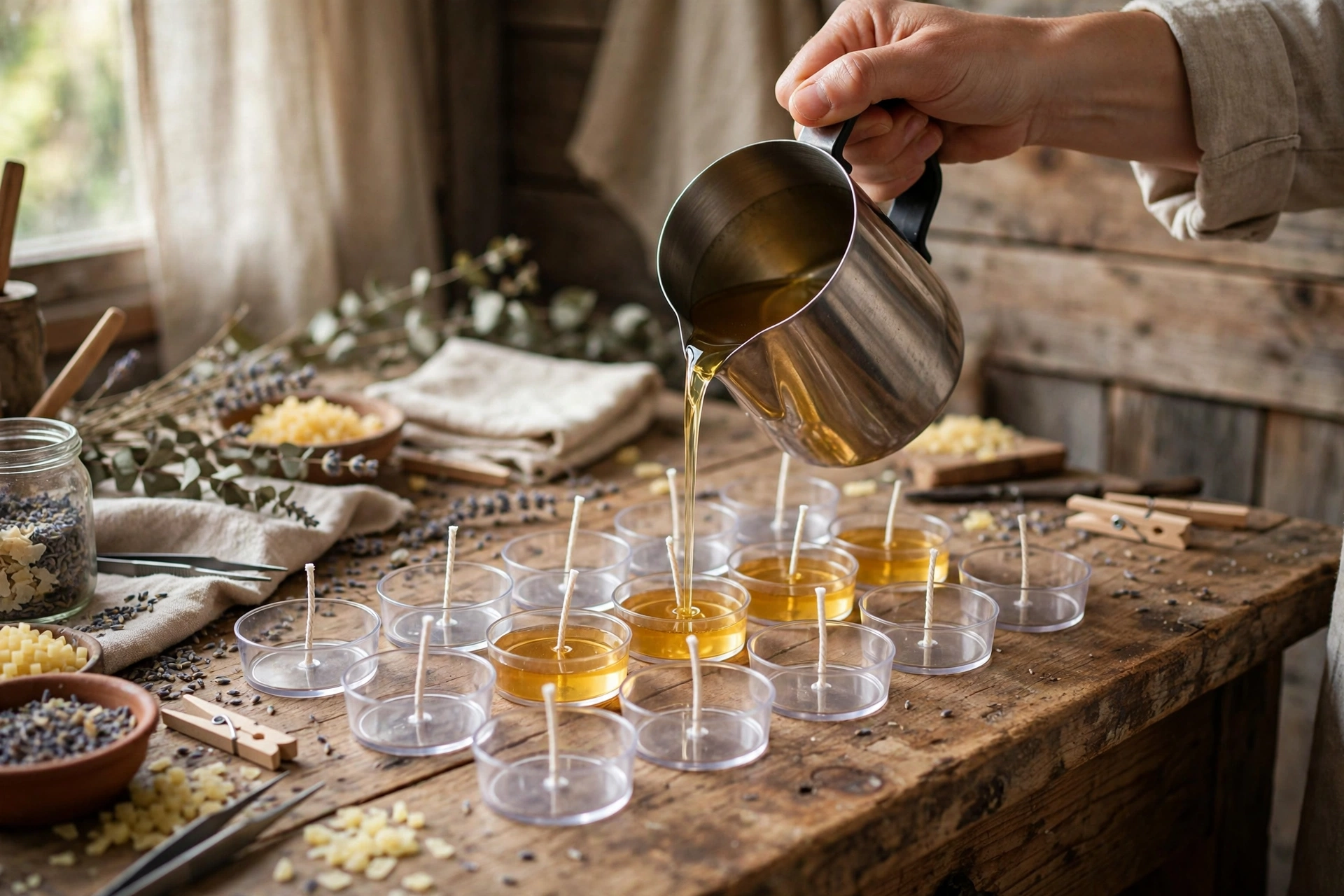 Pouring melted scented wax into tealight cups