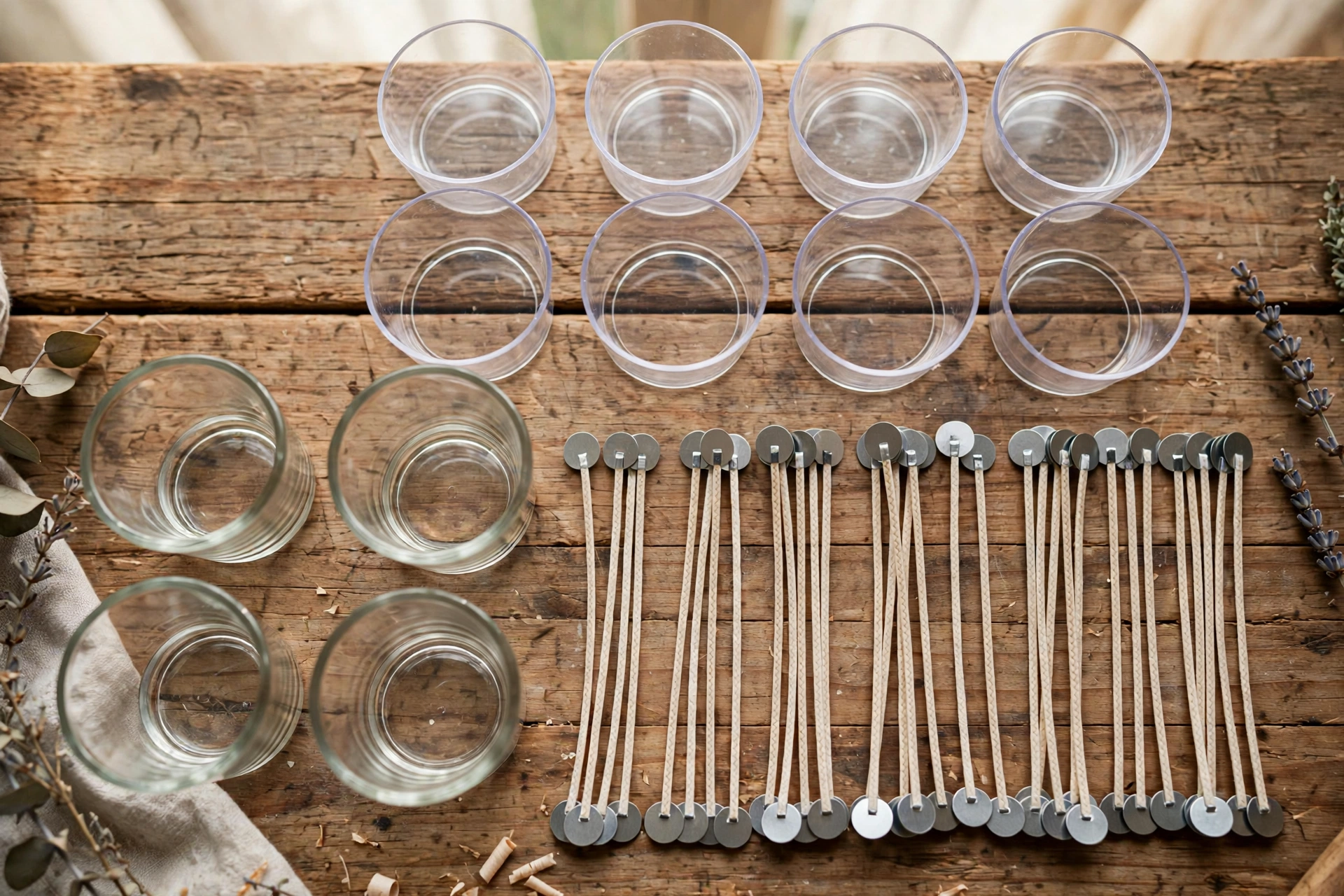 Polycarbonate tealight cups, glass votive holders, and pre-tabbed wicks on a workbench