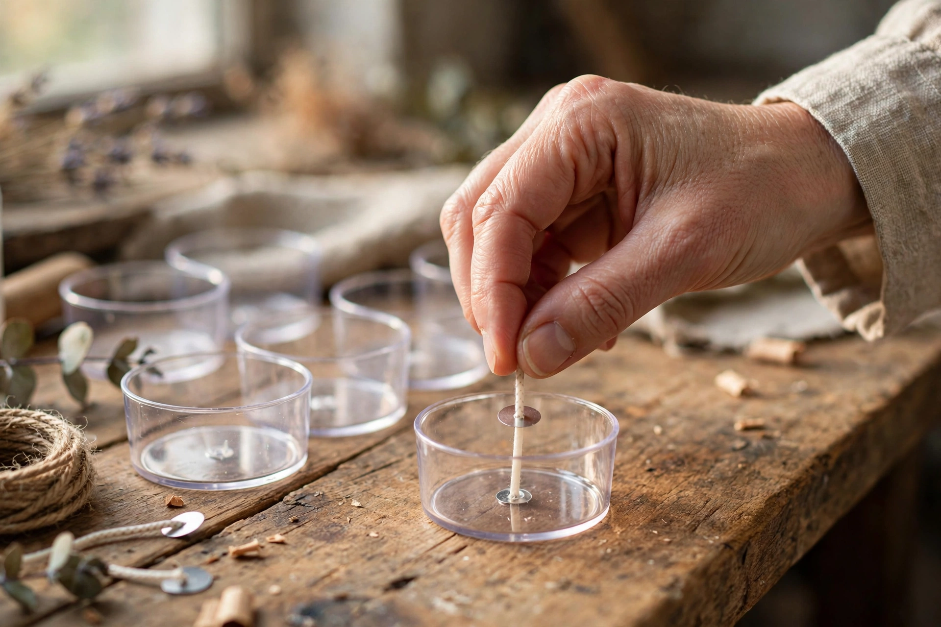 Sticking pre-tabbed wicks centered in empty tealight cups